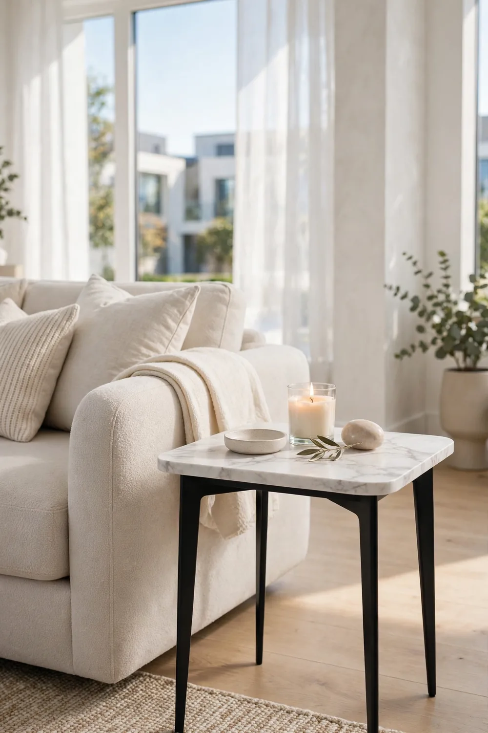 Marble Look Side Table Flip Side table with white marble look top and slim black legs beside a modern sofa