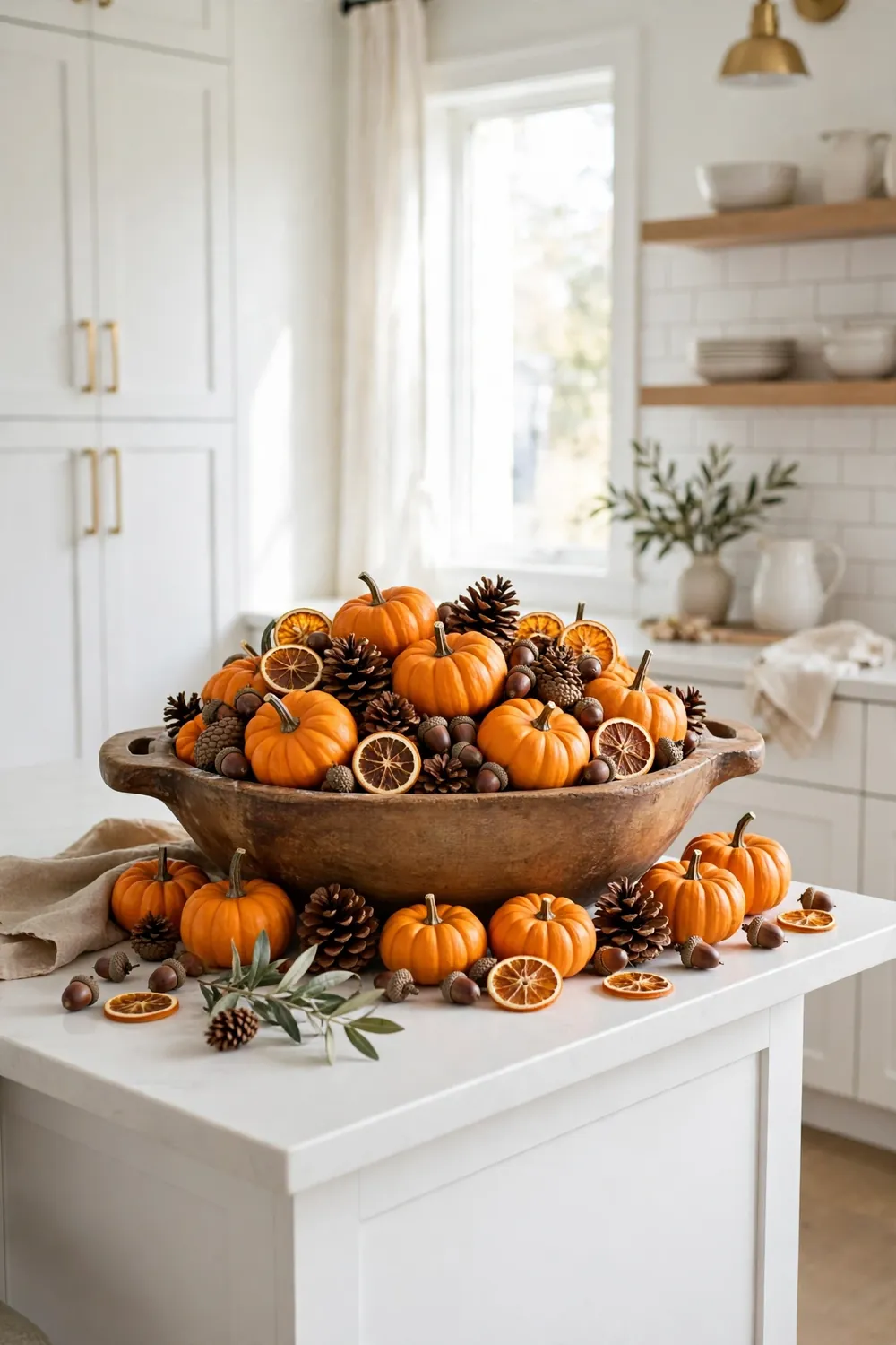 Overflowing wooden dough bowl of mini pumpkins with pinecones and dried orange slices on a kitchen island