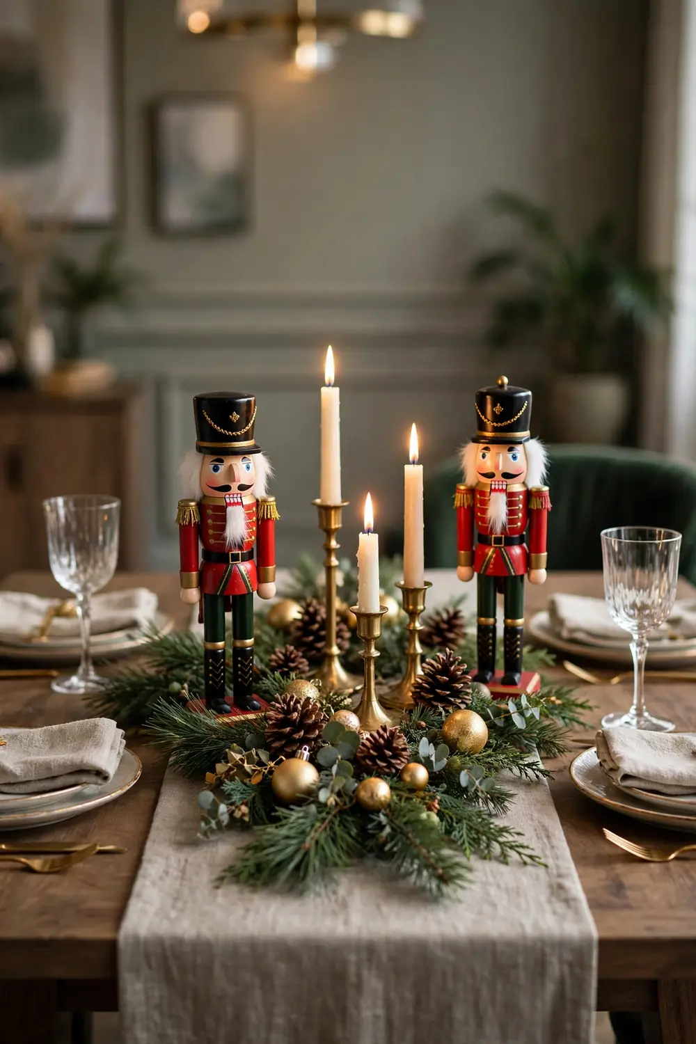 Nutcracker christmas decor ideas as a dining table centerpiece with candles and pine greenery