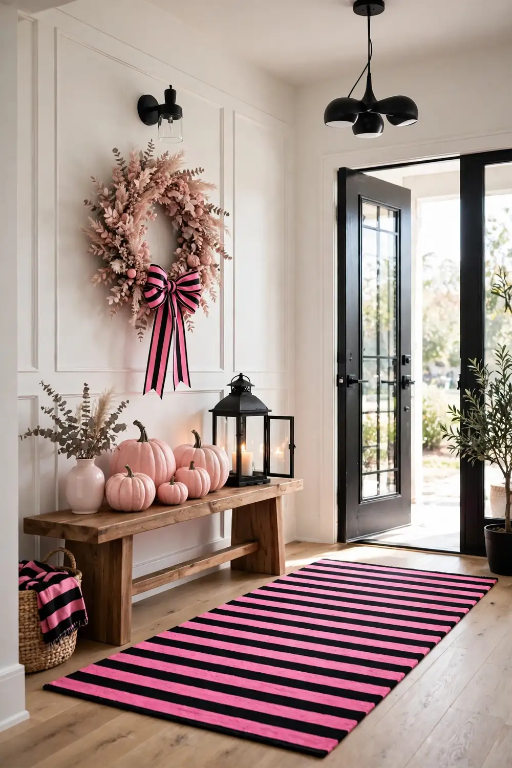 Pink and black striped entryway with pumpkins and a bench, bold pink halloween decor ideas