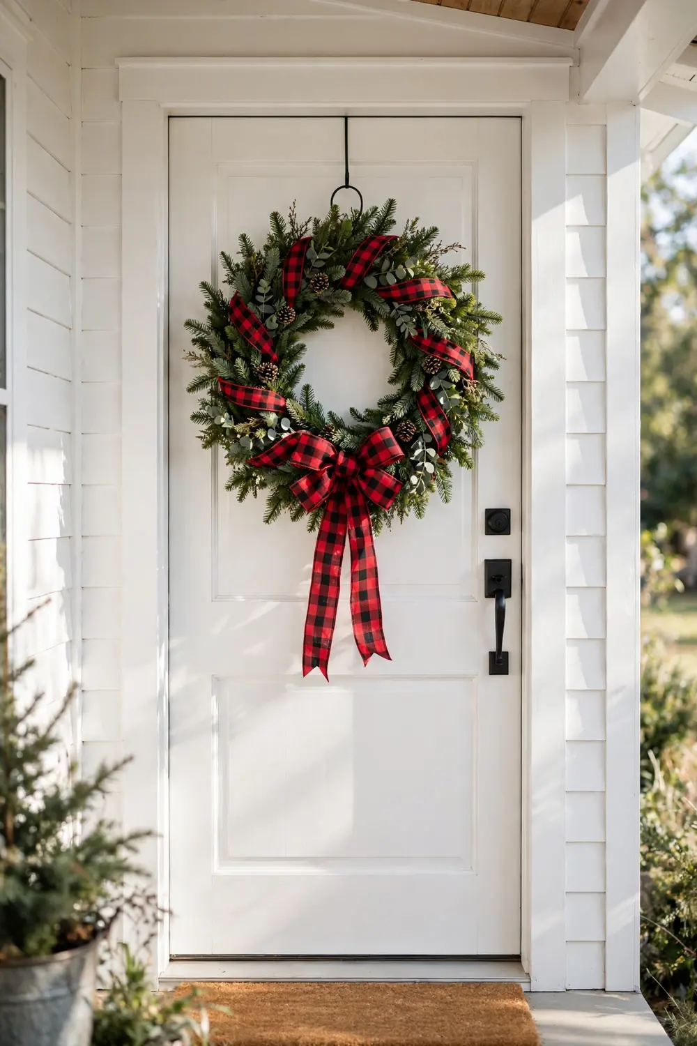 Farmhouse Christmas wreath ideas with red plaid ribbon on green branches