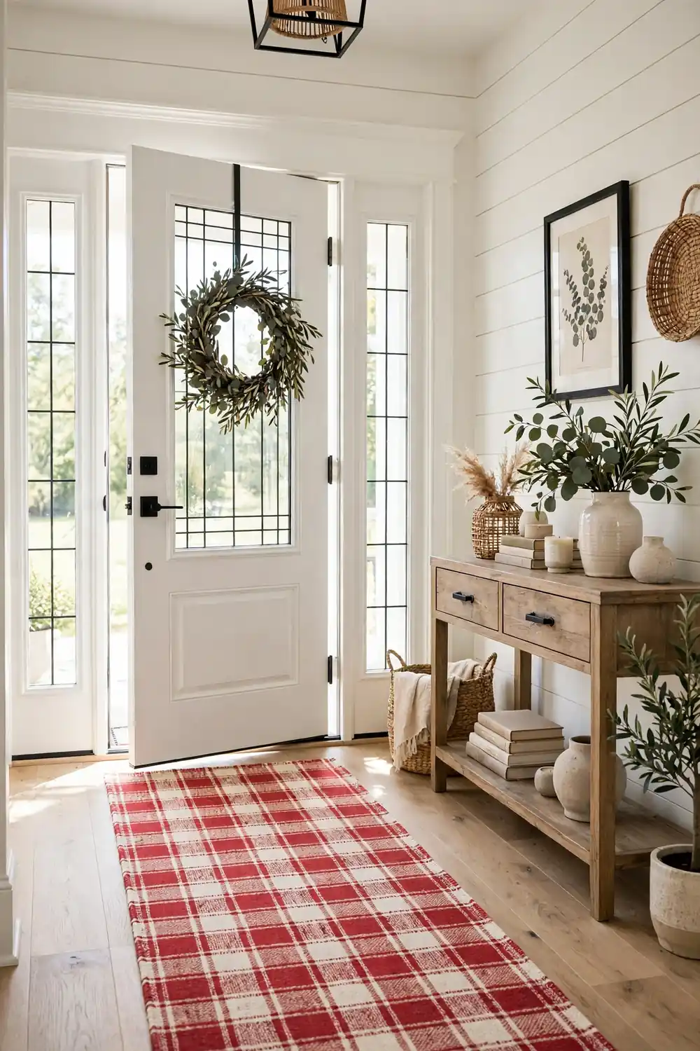Plaid runner rug layered in a festive foyer with a console table