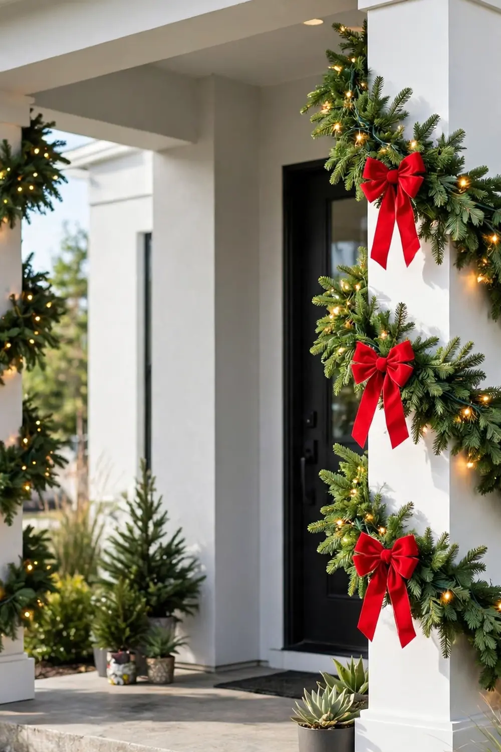 Thick evergreen garland wrapped around white porch columns with outdoor lights and red bows