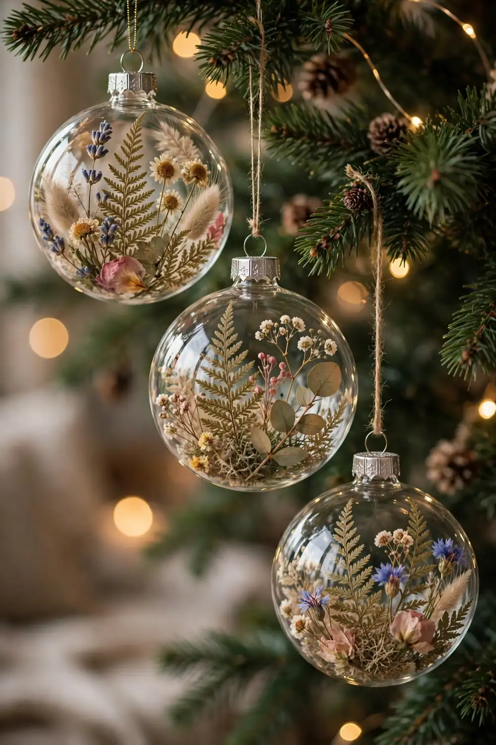 Pressed flower glass ornament with dried daisies, a delicate diy christmas ornament idea
