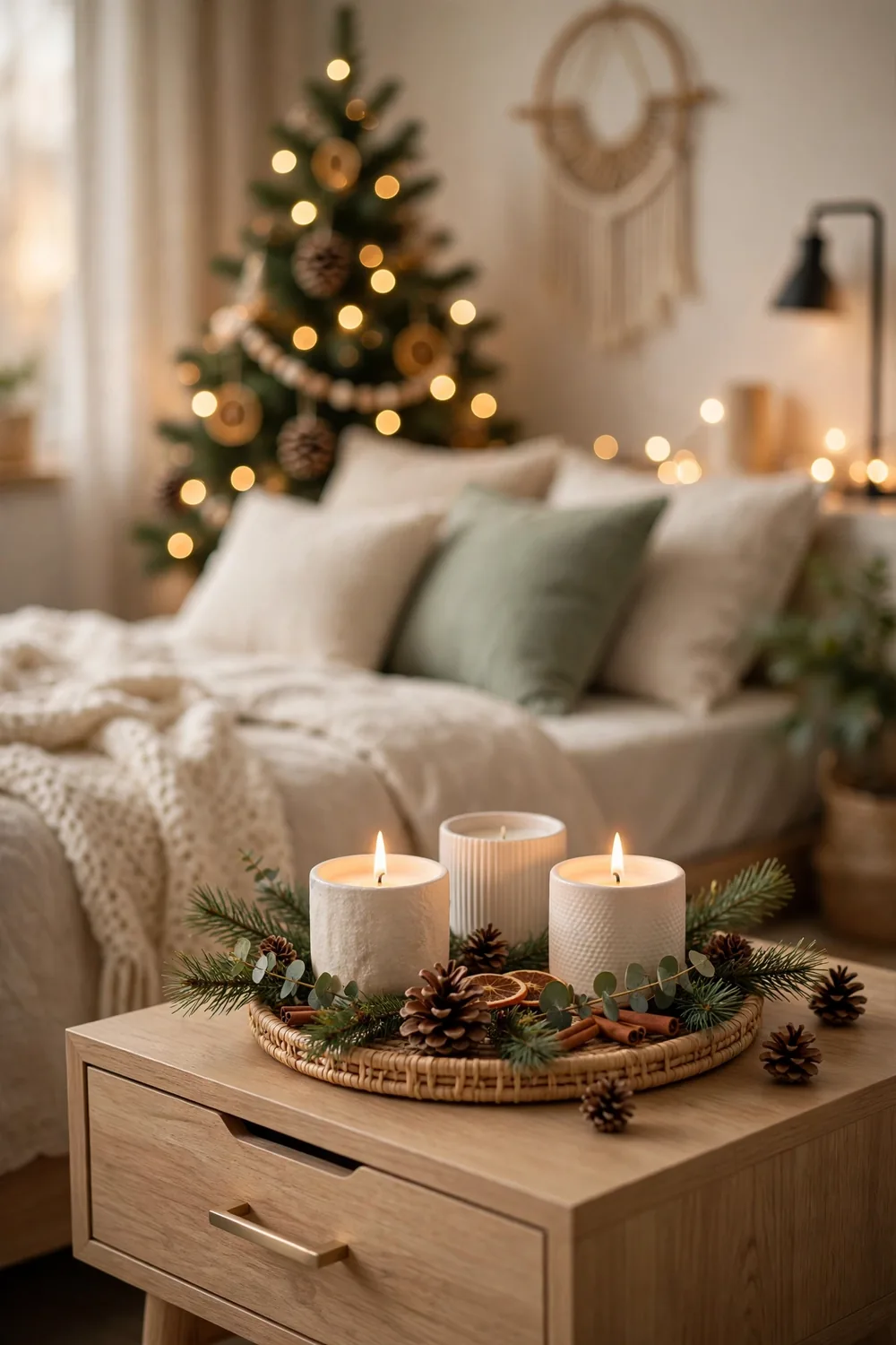 Scented candle vignette on the nightstand Scented candles with pine sprigs on a nightstand tray in a cozy christmas bedroom decor vignette