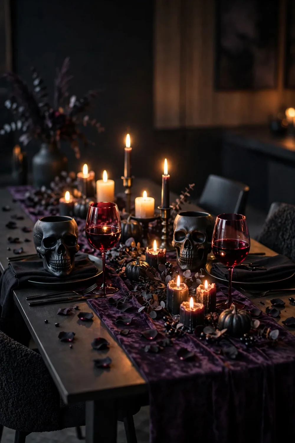 Moody Halloween table decor for two with black skull goblets, red wine glasses and rose petals