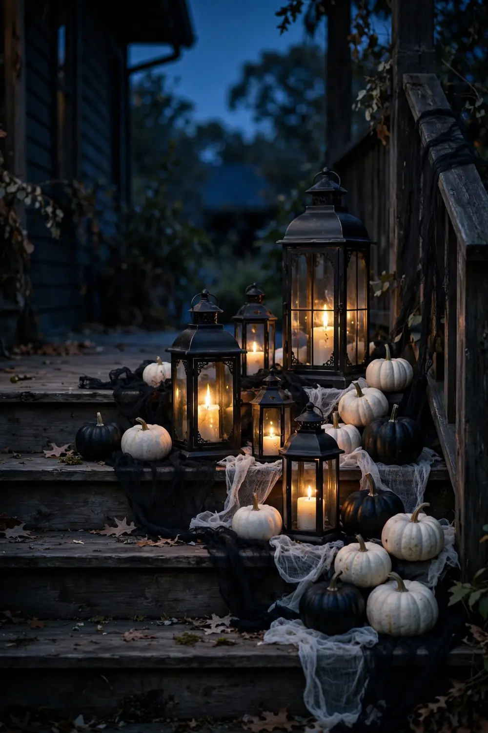 Spooky Lantern Cluster Cluster of black metal lanterns with flickering candles and small pumpkins on porch steps, elegant halloween front porch decor