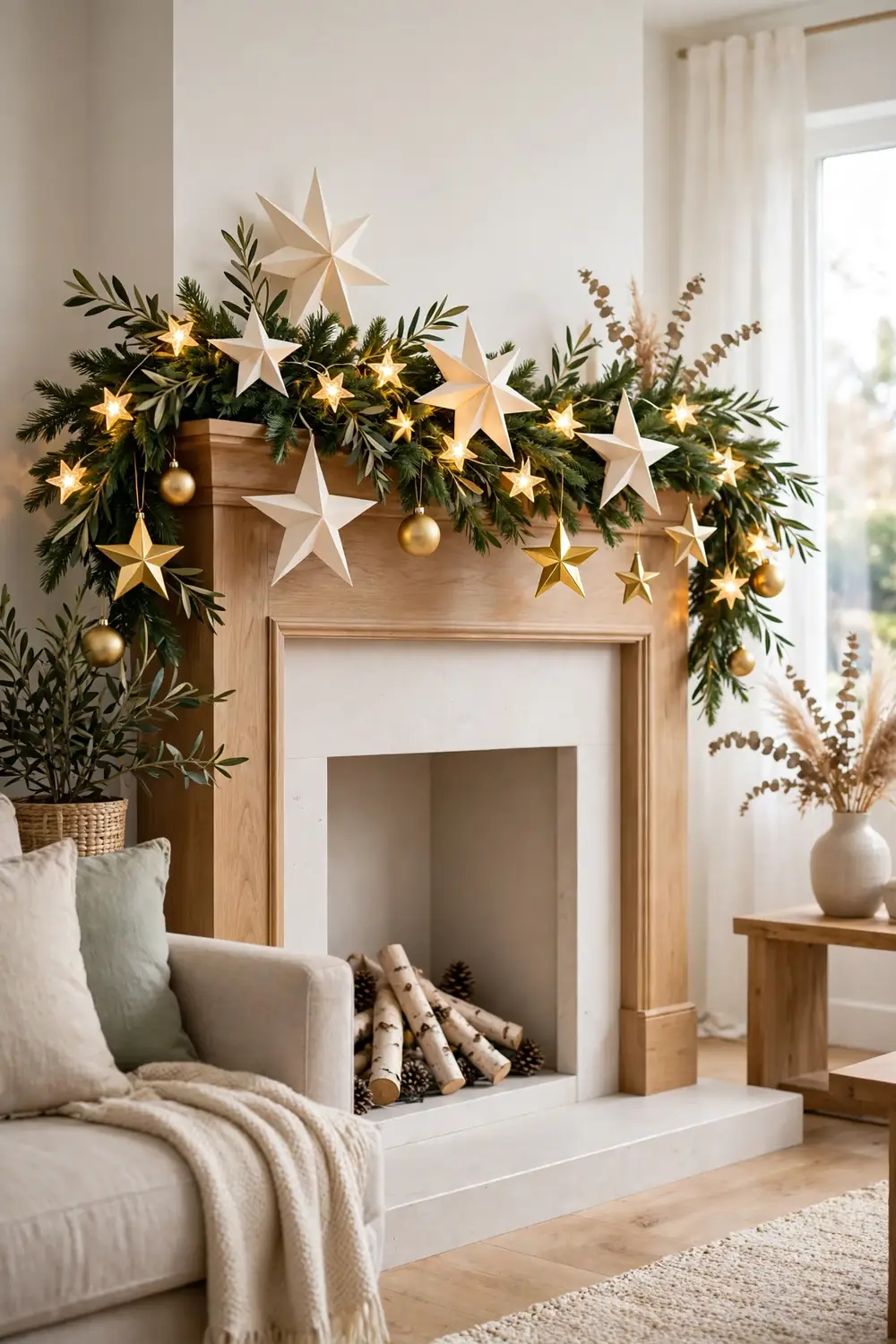 Star Motif Christmas Mantel Star motif Christmas mantel decor ideas with paper stars and gold ornaments