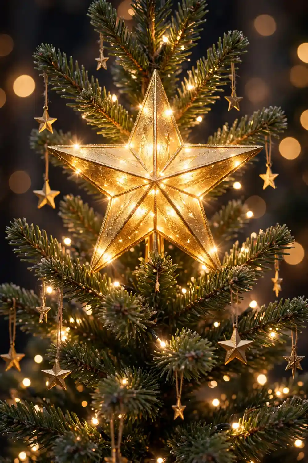 Gold Star Tree Topper Glowing gold star Christmas tree topper with radiating star ornaments and twinkling lights, nostalgic vintage Christmas decor