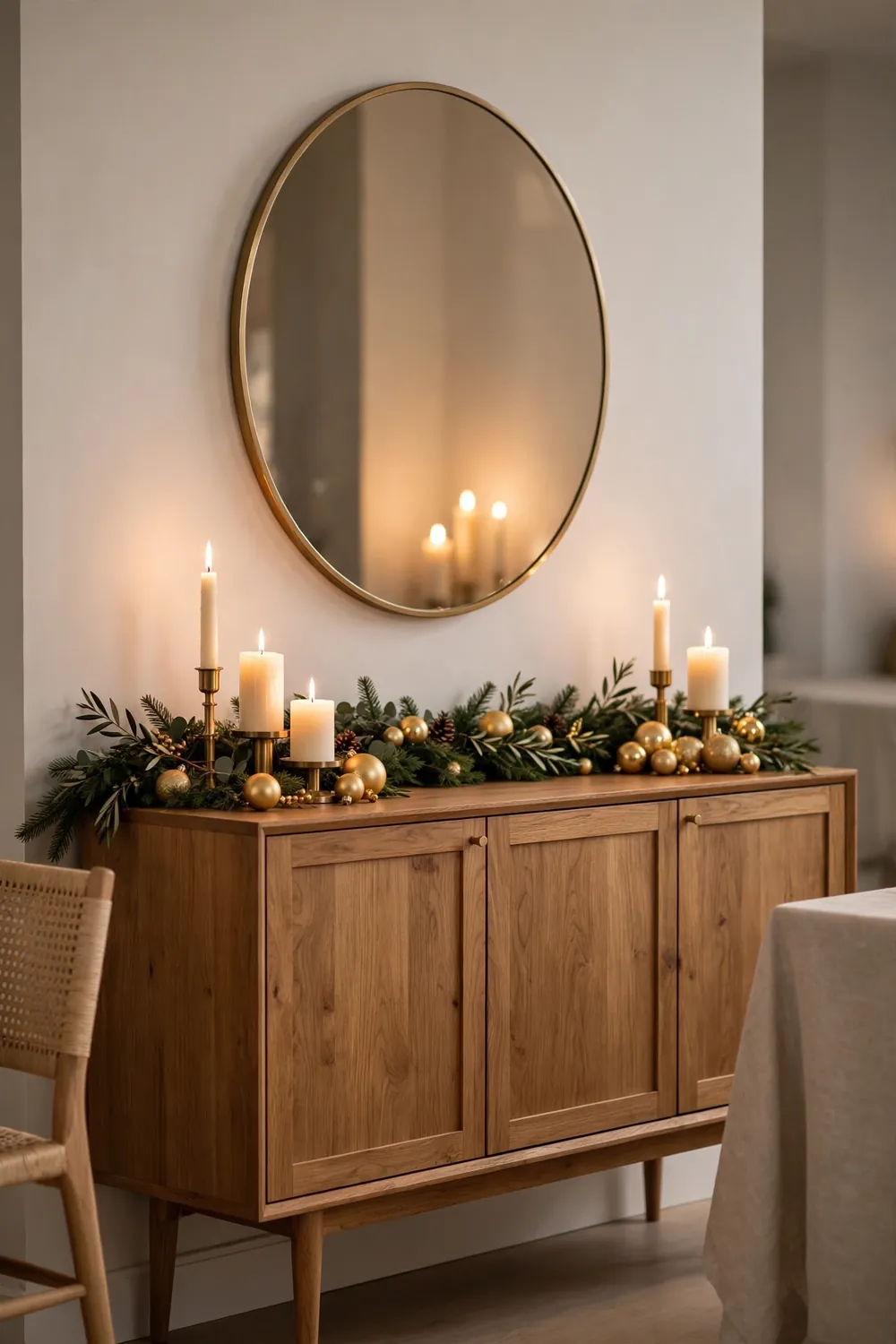 Christmas dining room decor, styled sideboard scene Christmas dining room decor with a styled sideboard featuring candles, greenery garland and gold ornaments