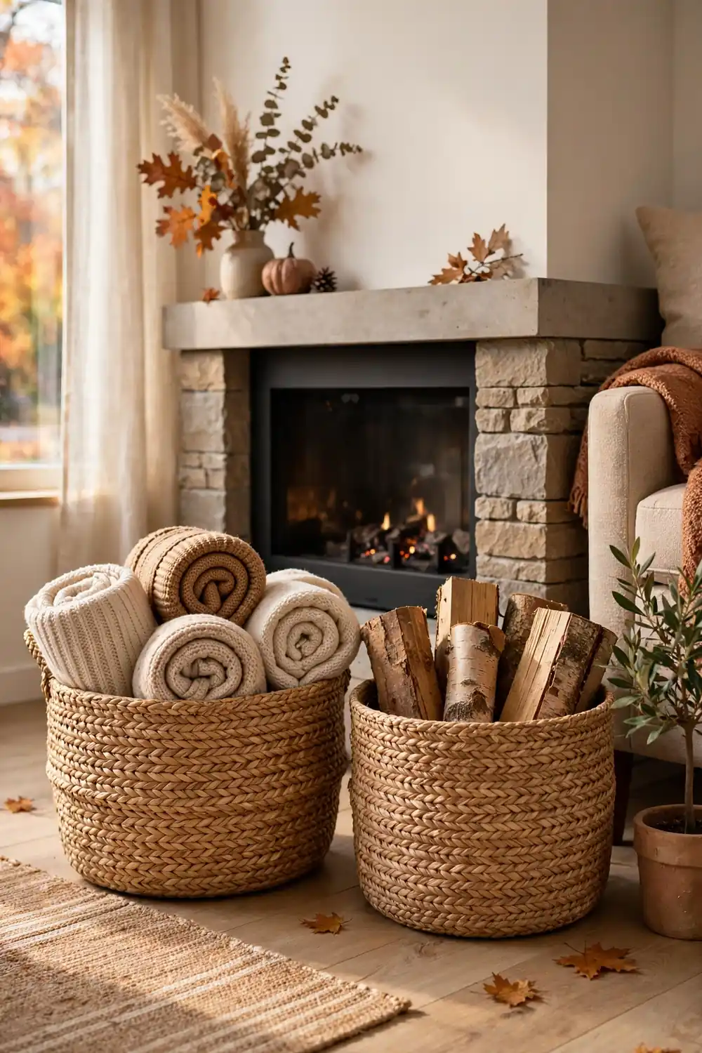 Woven baskets holding blankets beside the sofa, cozy thanksgiving living room decor ideas