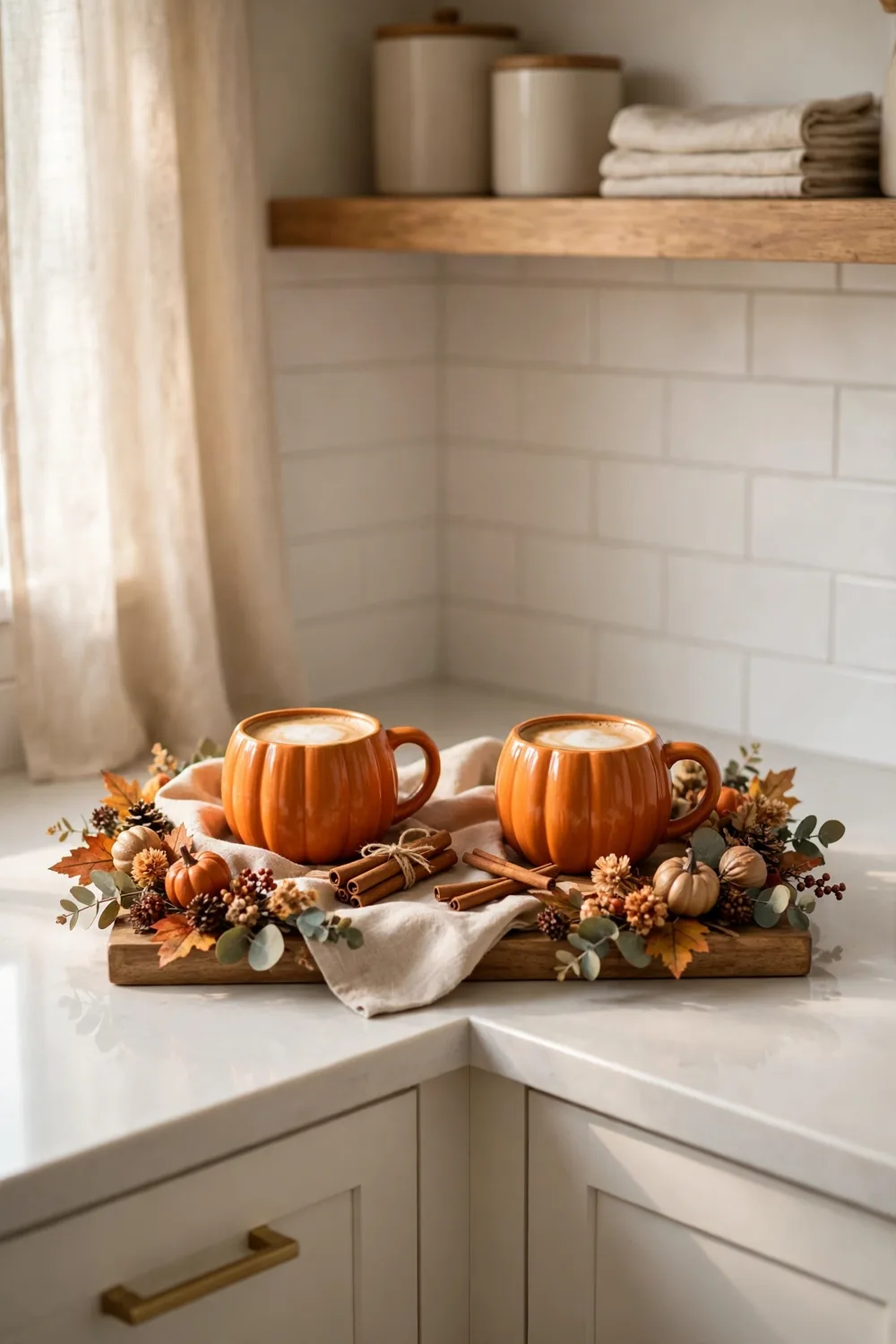 Thanksgiving Coffee Bar Kitchen coffee bar styled for Thanksgiving with pumpkin mugs, cinnamon sticks and fall garland