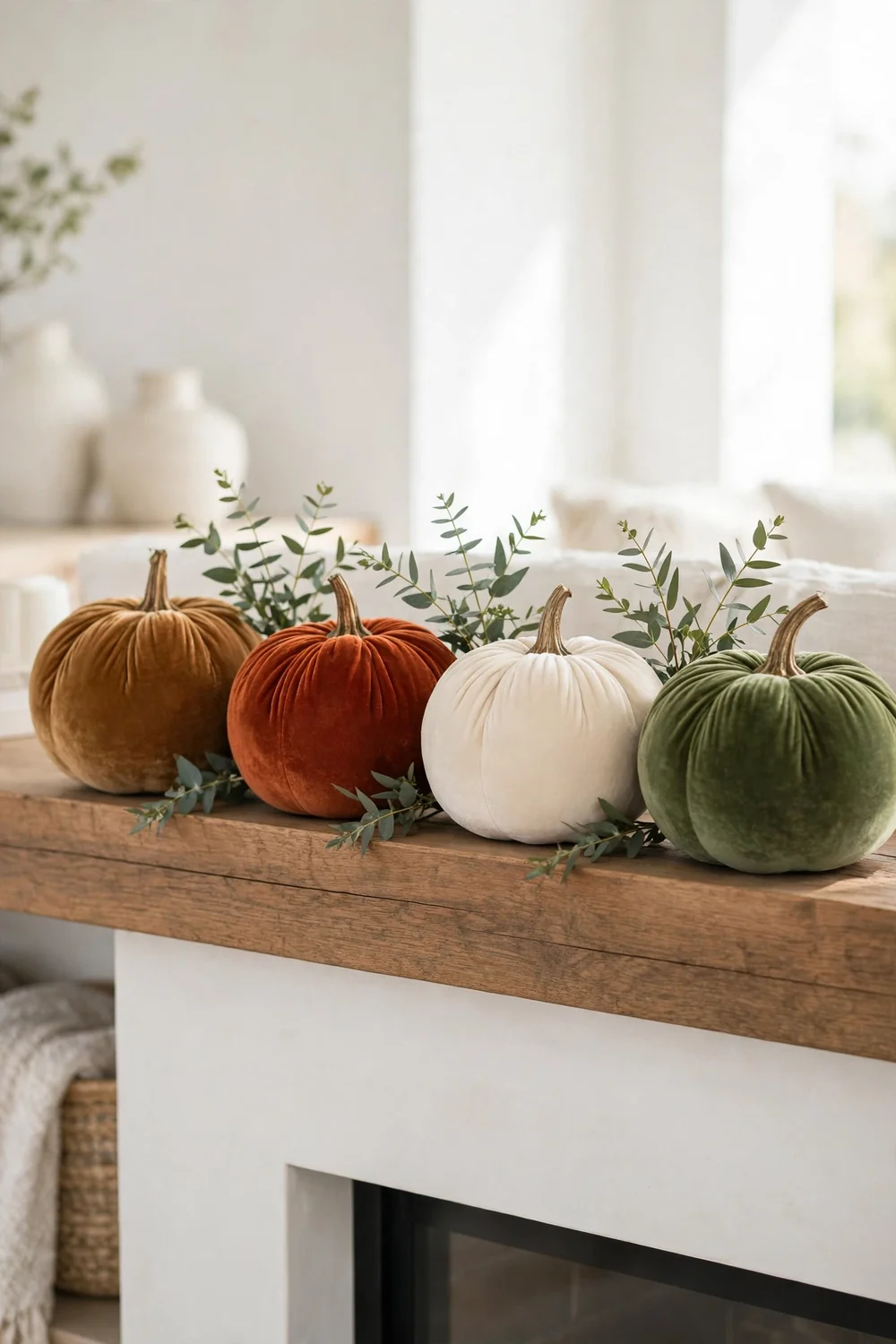 Velvet pumpkin row on the mantel Thanksgiving mantel decor with a row of velvet pumpkins in warm neutrals