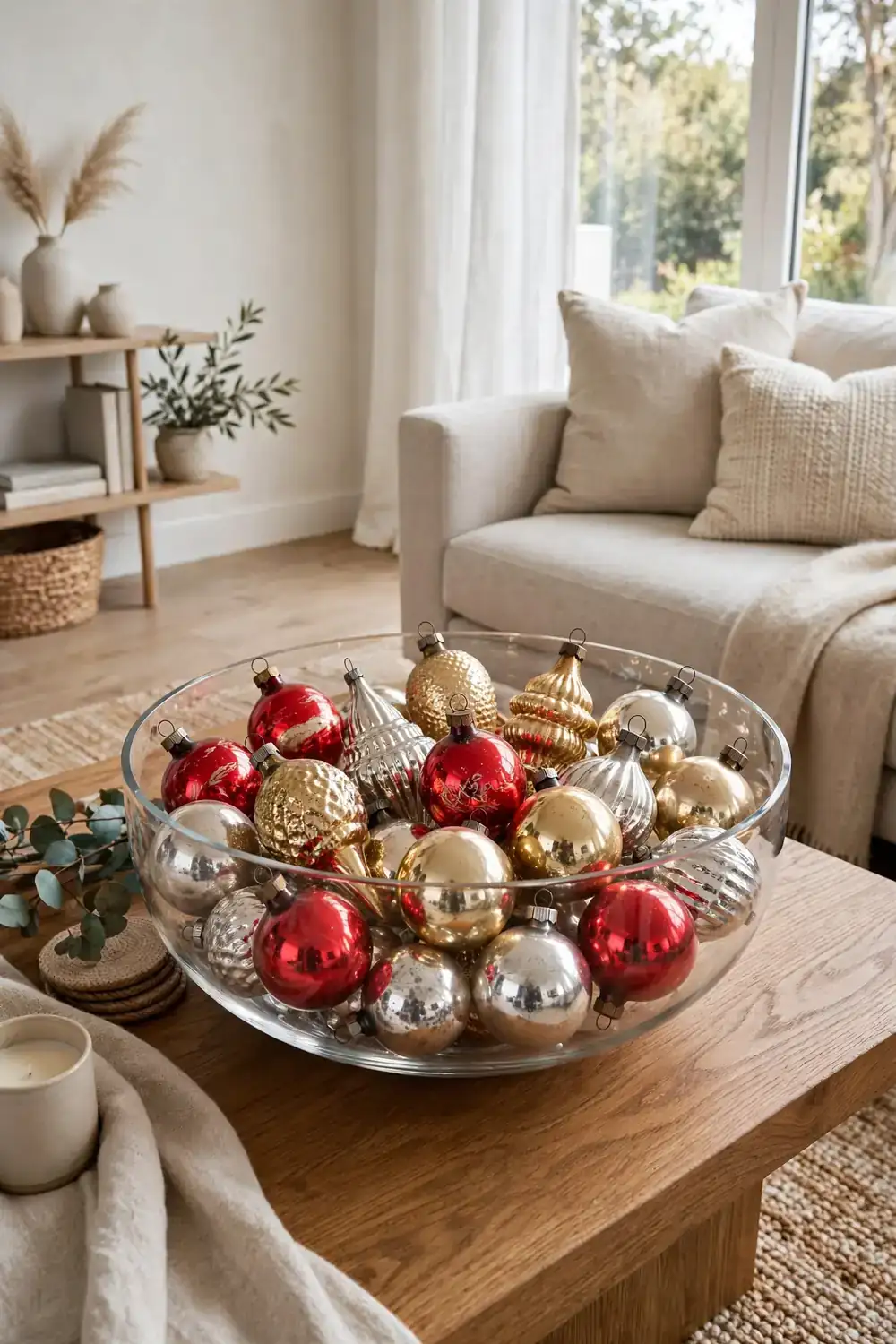 Vintage glass Christmas ornaments arranged in a clear glass bowl, nostalgic christmas living room decor ideas