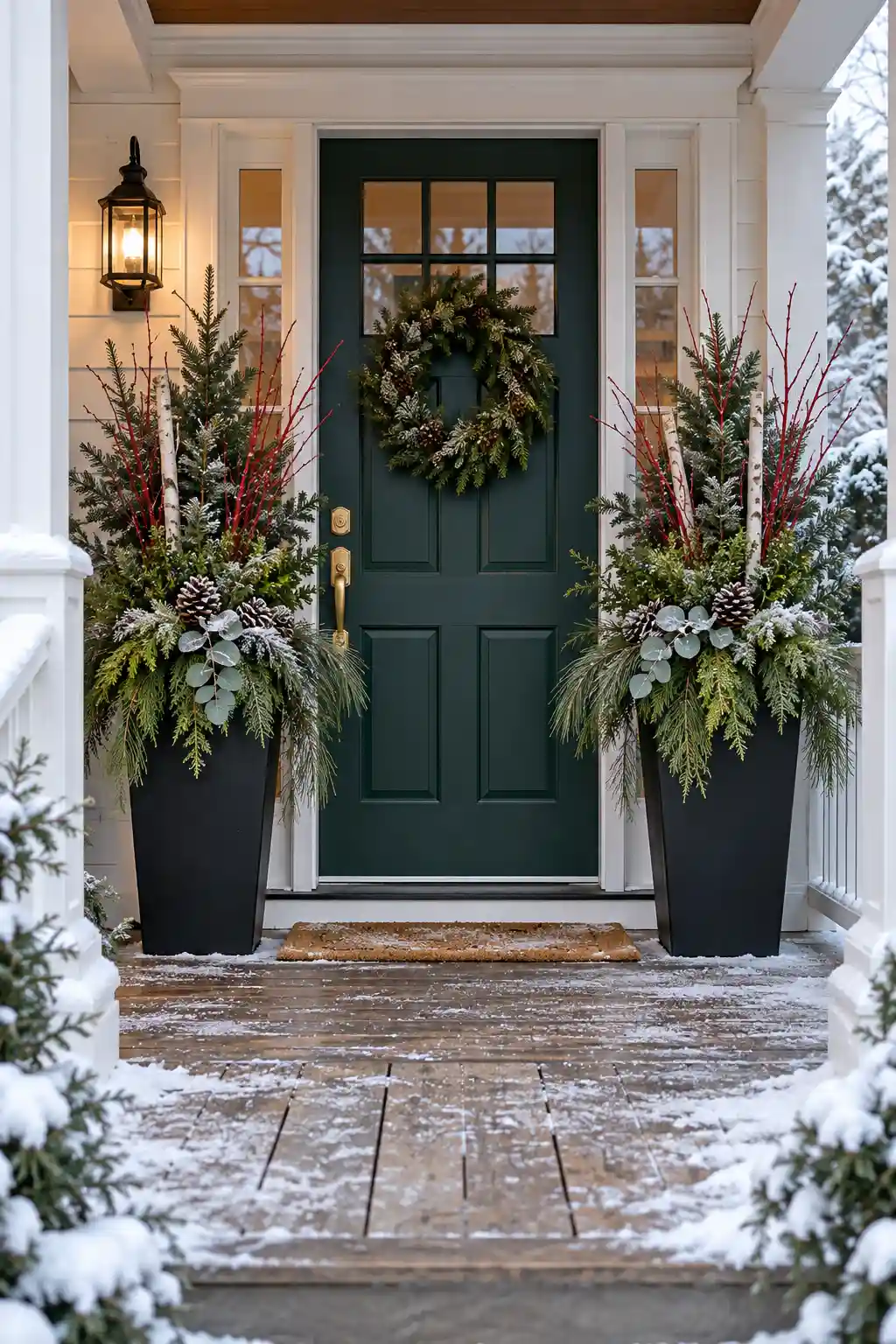 Winter porch planters layered with spruce, fir, cedar, boxwood, trailing pine, and birch branches for a full seasonal display.