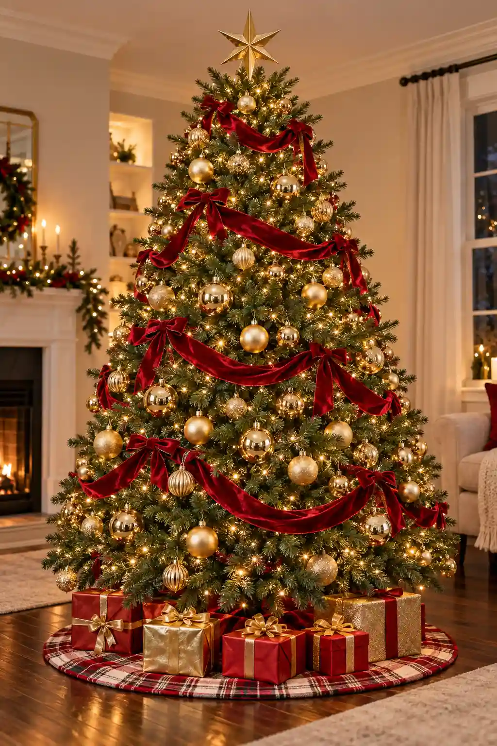 Traditional Christmas tree decorated with red velvet ribbon, gold glass ornaments, warm white lights, and a gold star topper.
