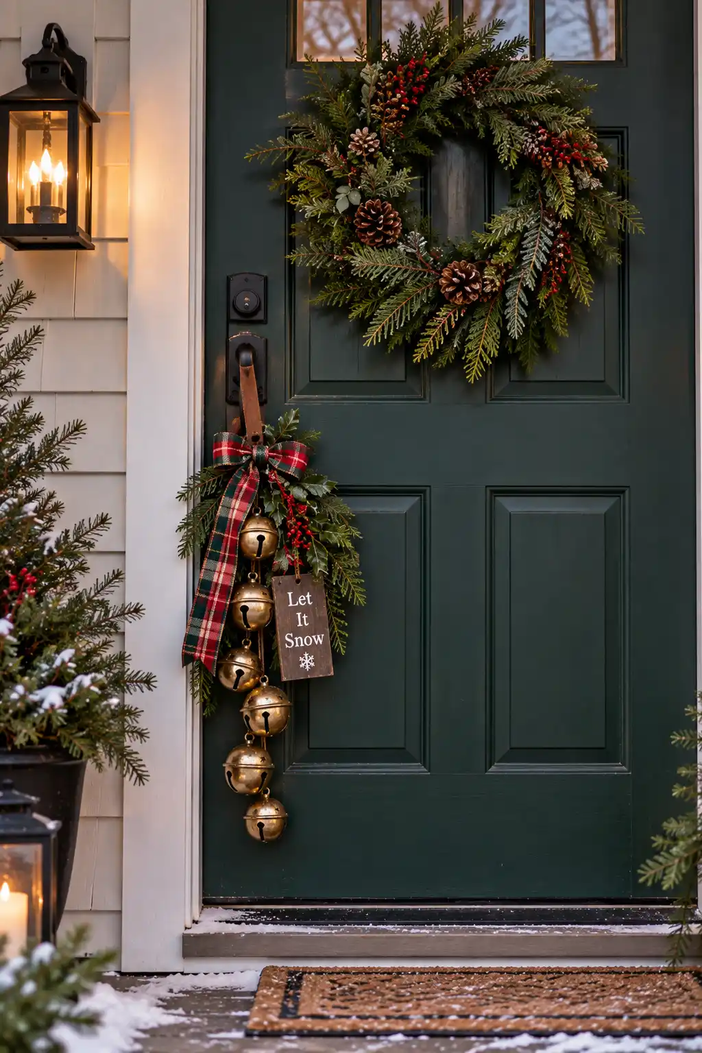 Here is add alt text: Small winter door display with brass bells, plaid ribbon, evergreen greenery, and a seasonal sign hanging vertically from the door.