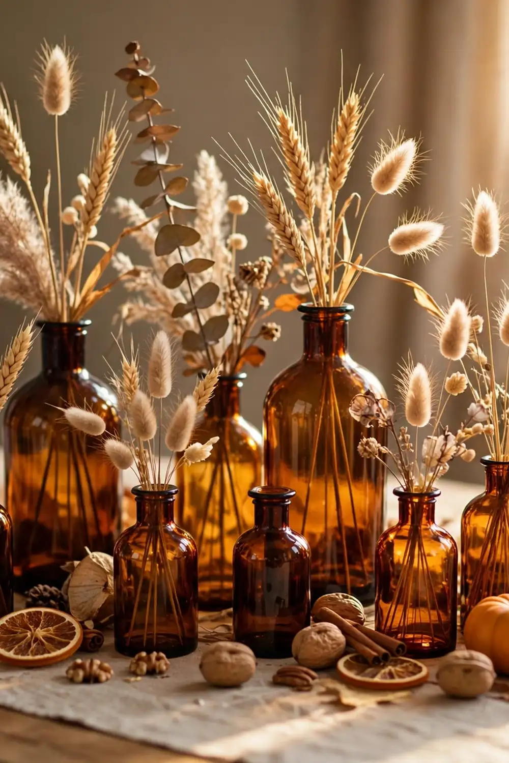 Amber glass bottles with dried grasses, a thanksgiving centerpiece idea