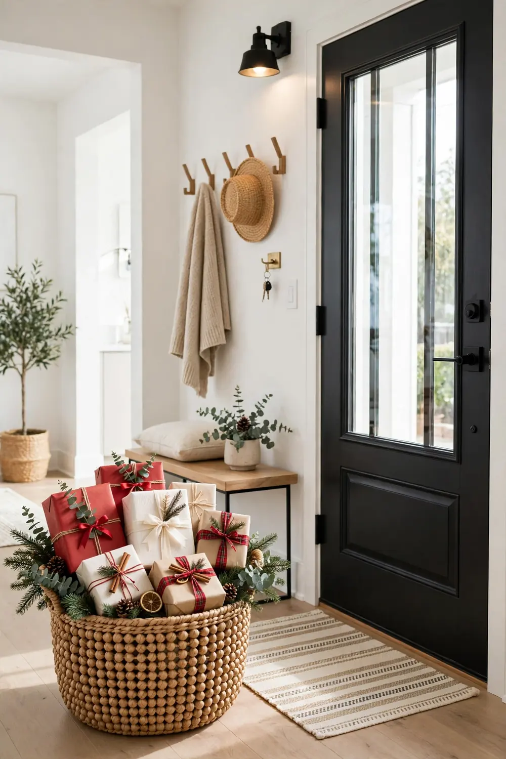 Basket of wrapped gifts beside the front door in a Christmas entryway