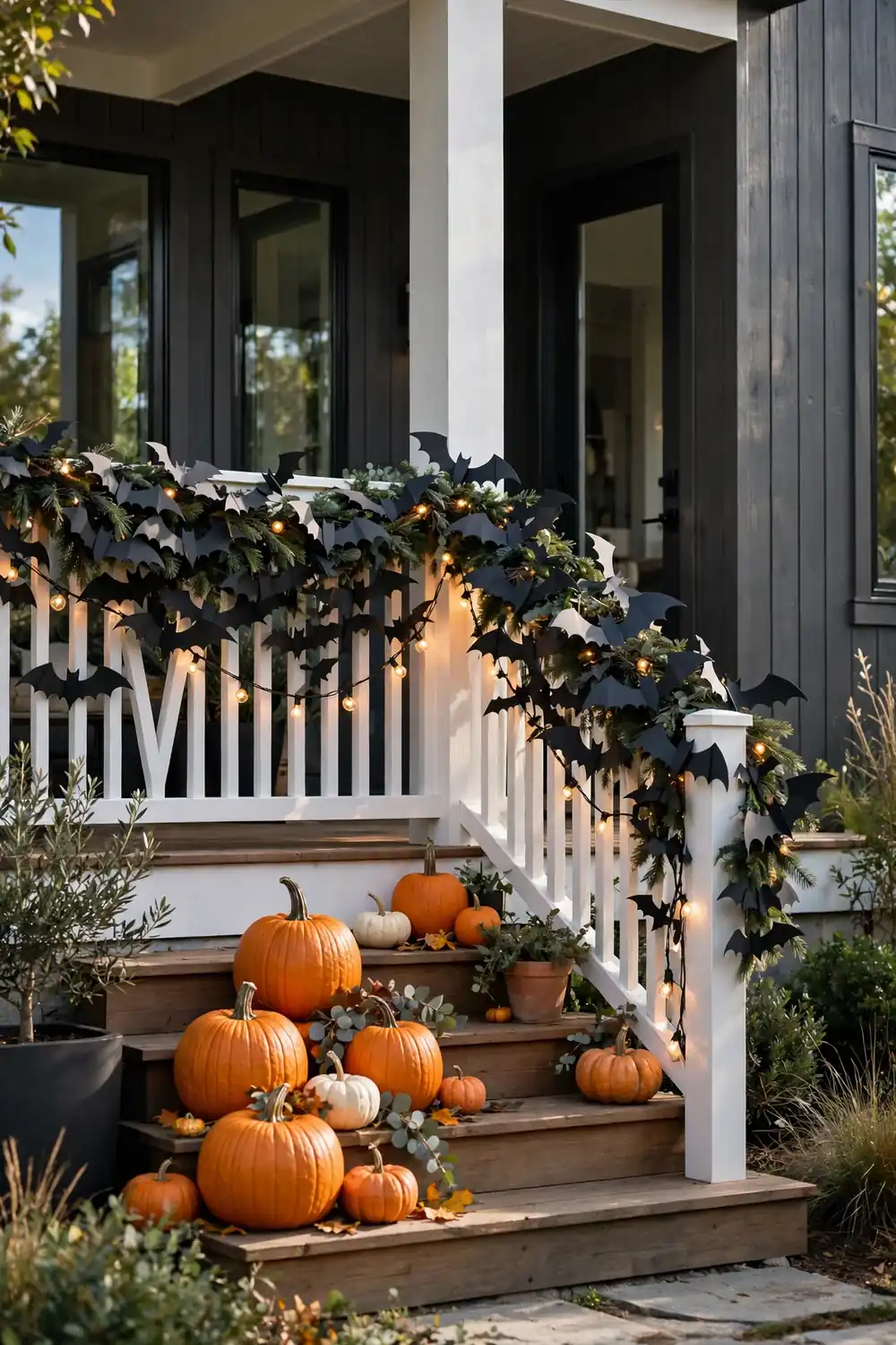 Bat Garland on the Rail Black bat garland with string lights draped on a white porch railing above pumpkins, halloween front porch decor