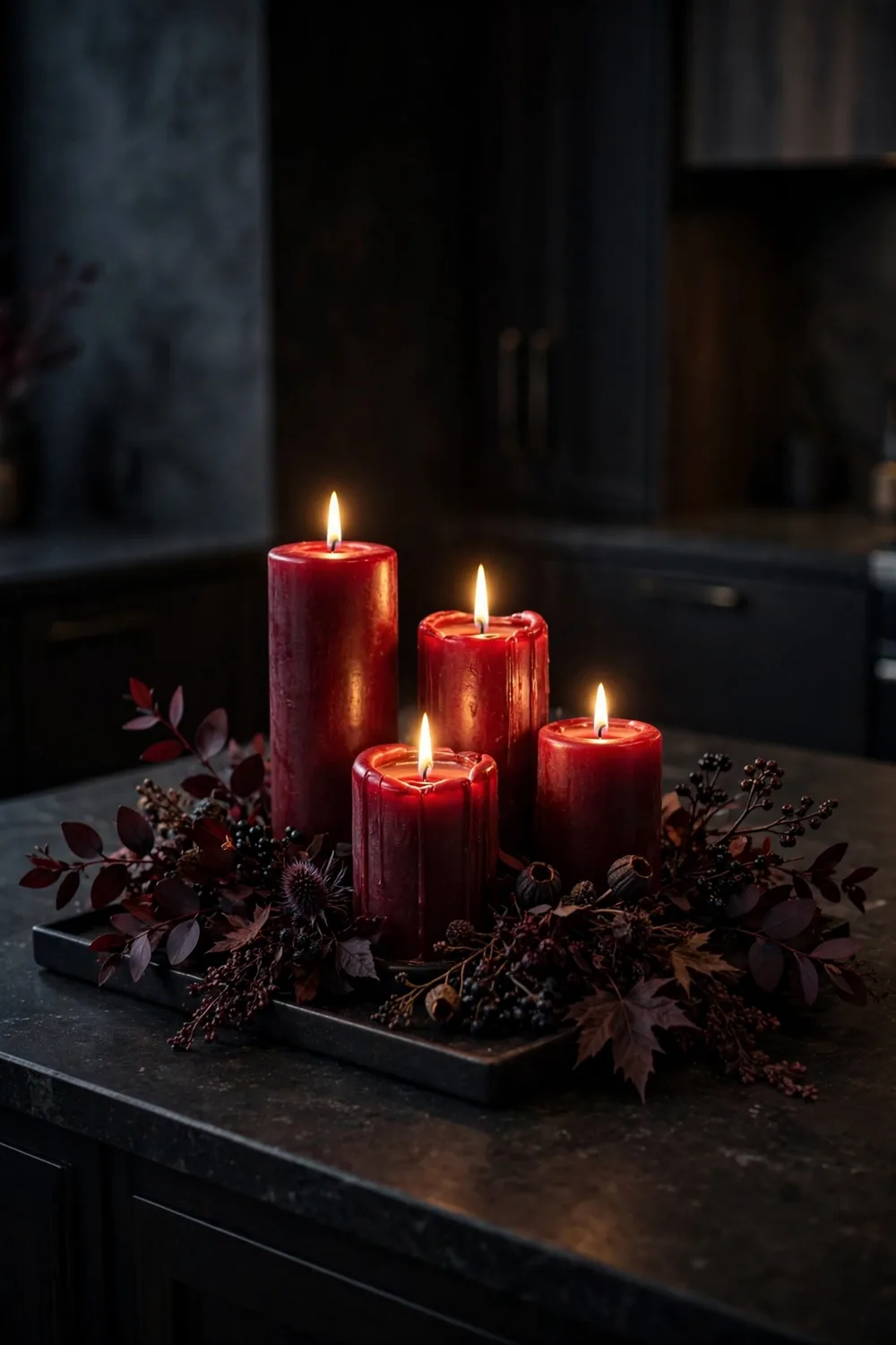 Halloween kitchen decor with a cluster of blood red pillar candles of varying heights on a black tray