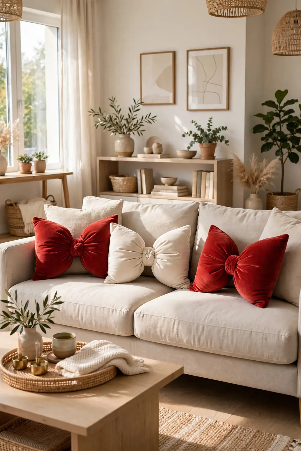 Bright living room sofa styled with bow shaped velvet throw pillows in red and cream