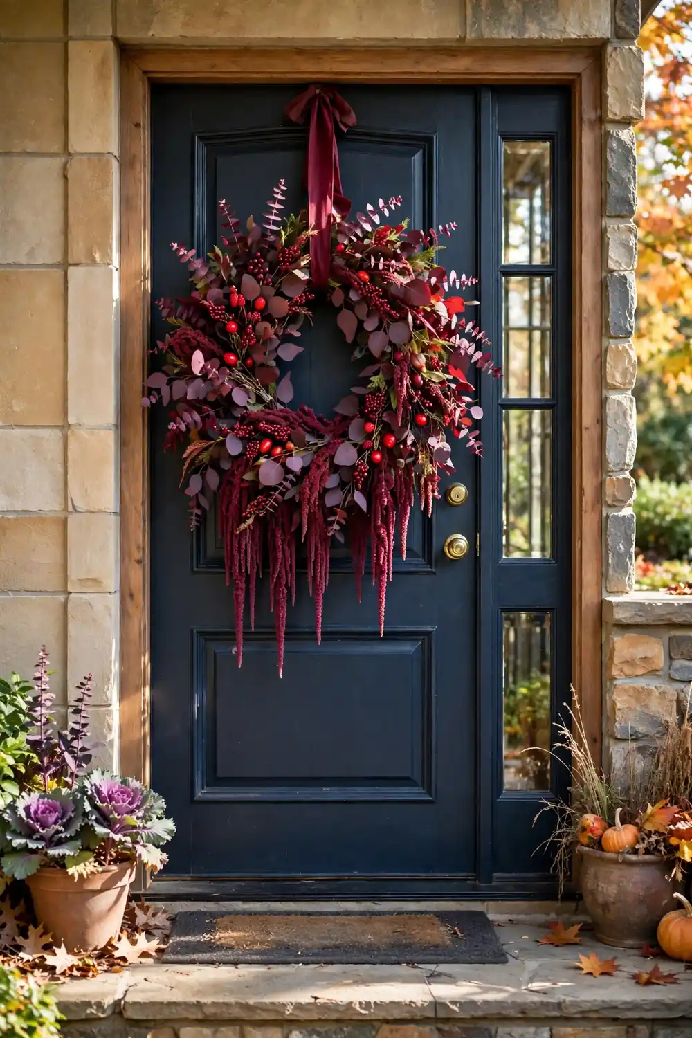 Front door decorated with a lush wreath of burgundy eucalyptus, deep red berries, and dried amaranthus hanging from a wide burgundy ribbon