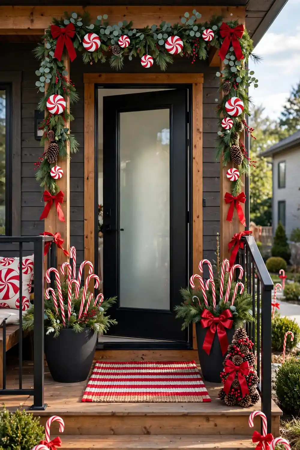 Peppermint Red and White Accents Christmas Porch Decor Idea Peppermint red and white Christmas accents on a front porch, a playful christmas porch decor idea