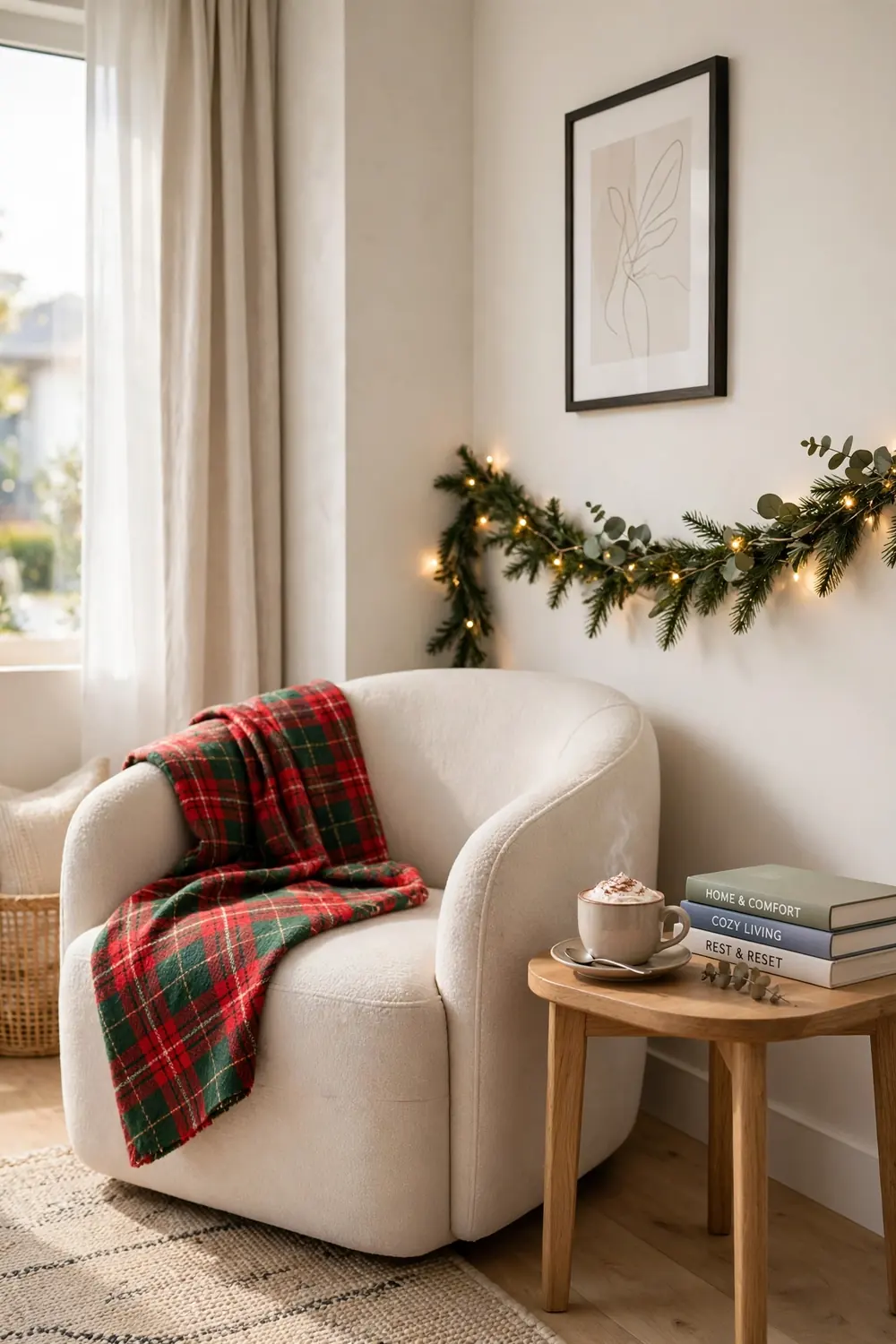 Christmas reading nook in the bedroom corner Cozy Christmas reading nook with armchair and throw blanket in a christmas bedroom decor corner