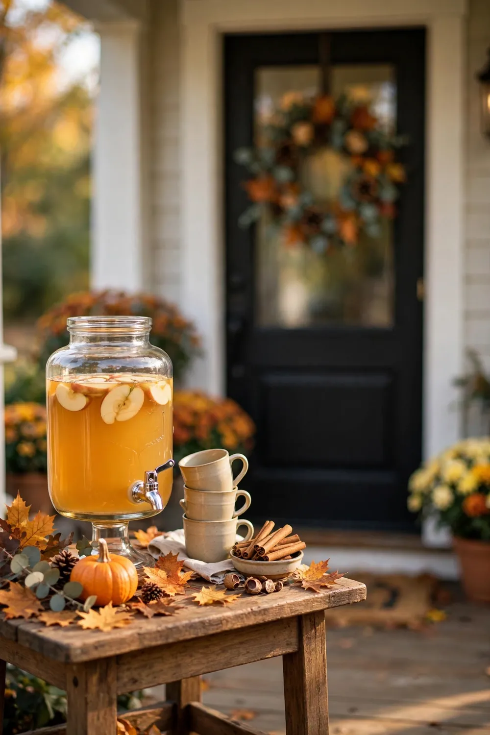 Warm cider welcome station with carafe and mugs on a fall porch, a hospitable extra from fall front door decor ideas