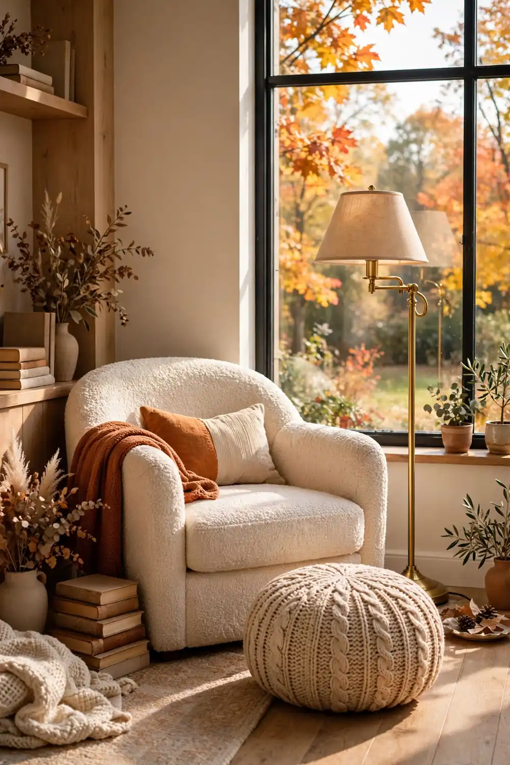 Cozy reading nook with boucle chair and brass floor lamp, a cozy fall living room decor idea