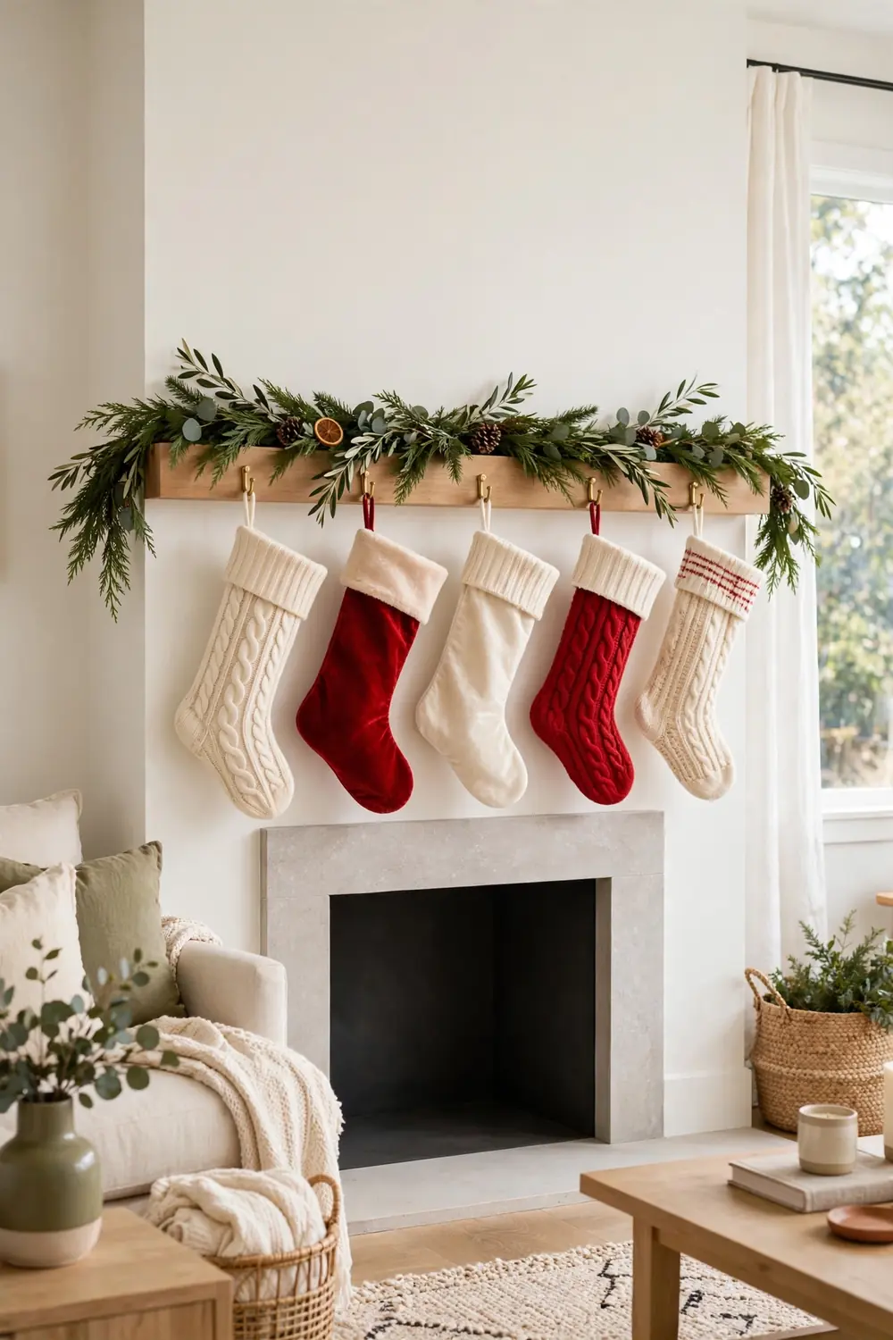 Cozy Stocking Lineup Christmas Mantel Cozy Christmas mantel decor ideas with a lineup of knit and velvet stockings