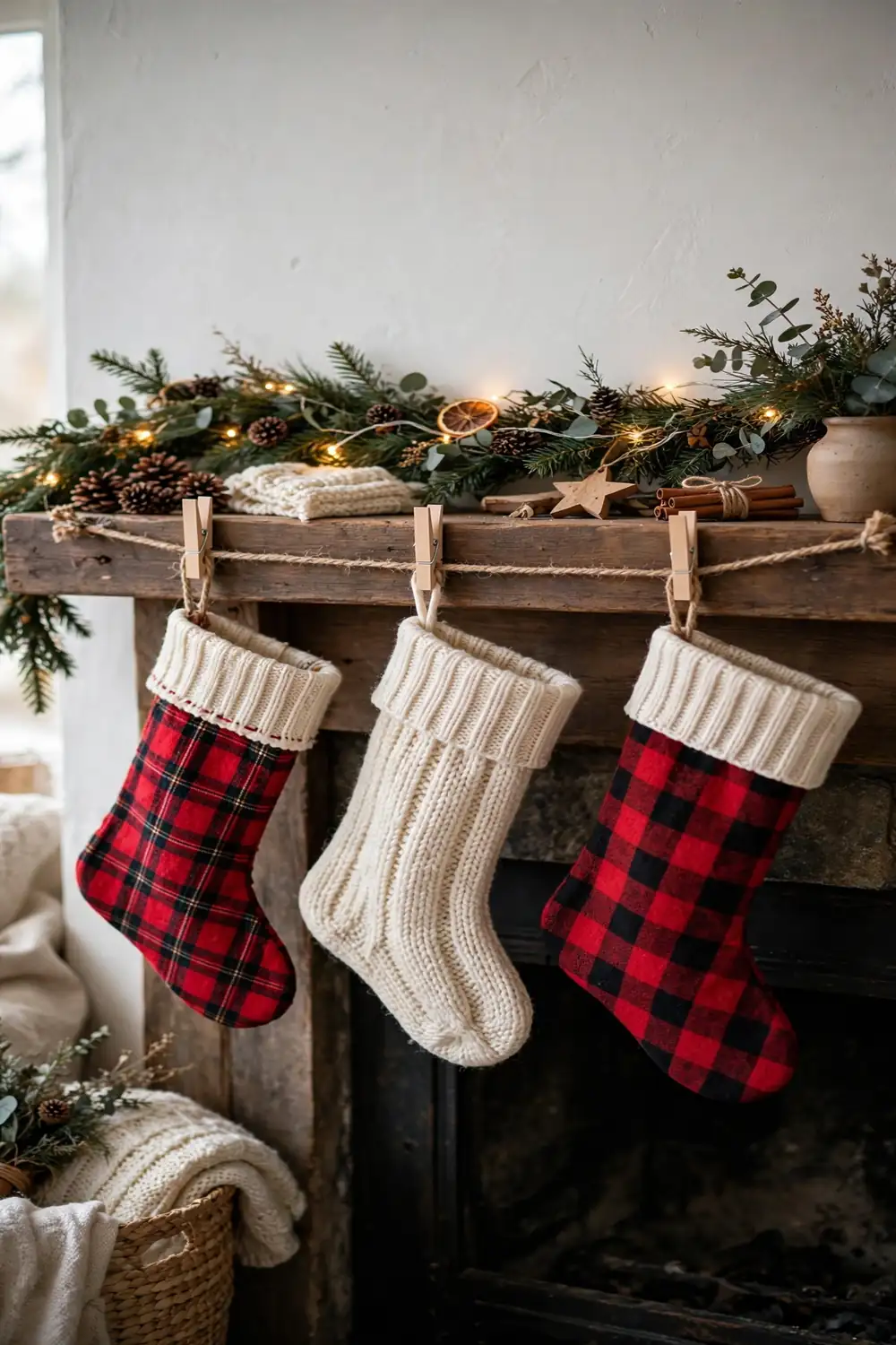 DIY Stocking Display on Twine DIY Christmas stockings in buffalo check and knit hung on twine across a mantel, cozy dollar tree christmas decor diy