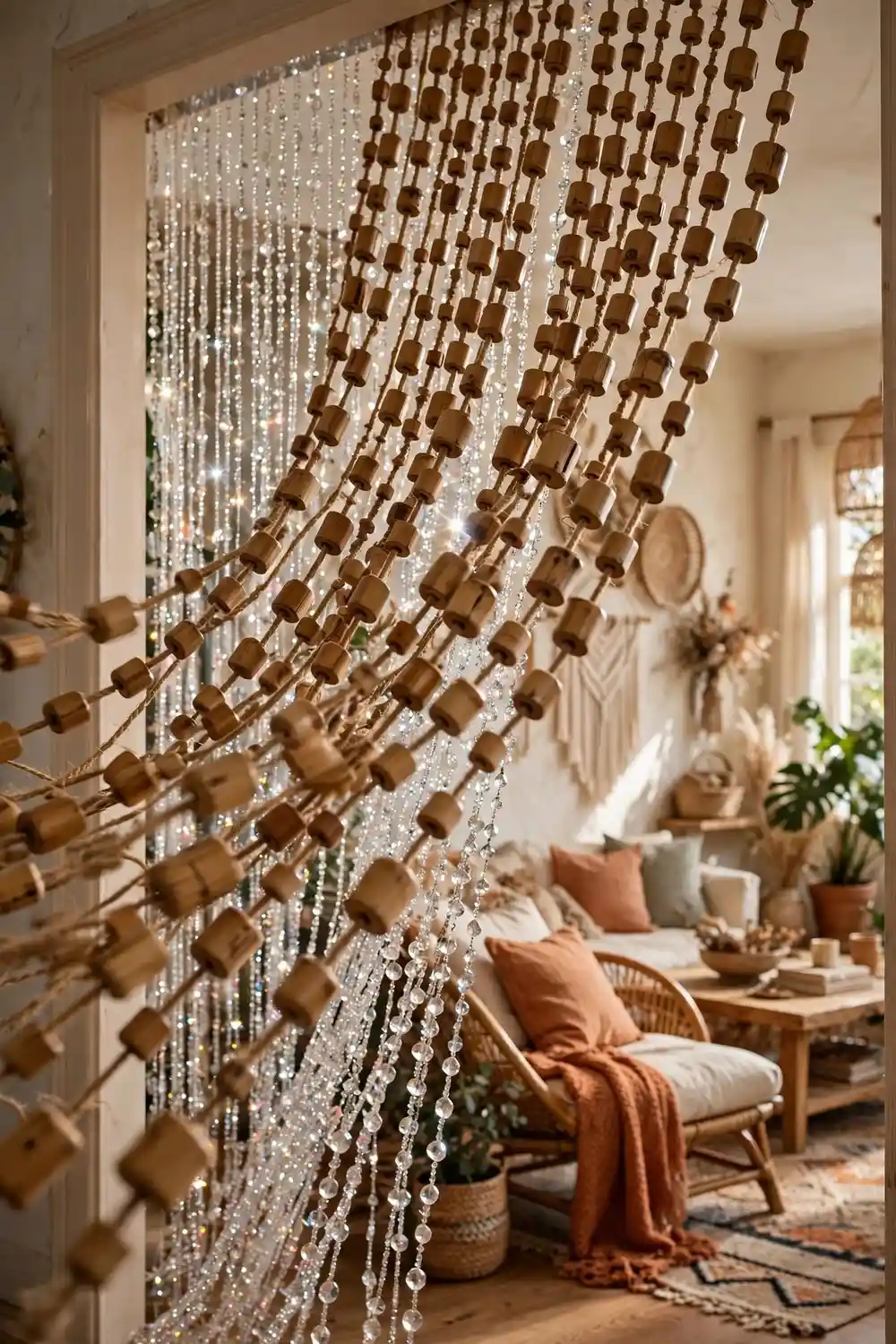 Double layer beaded curtain with bamboo and crystal strands