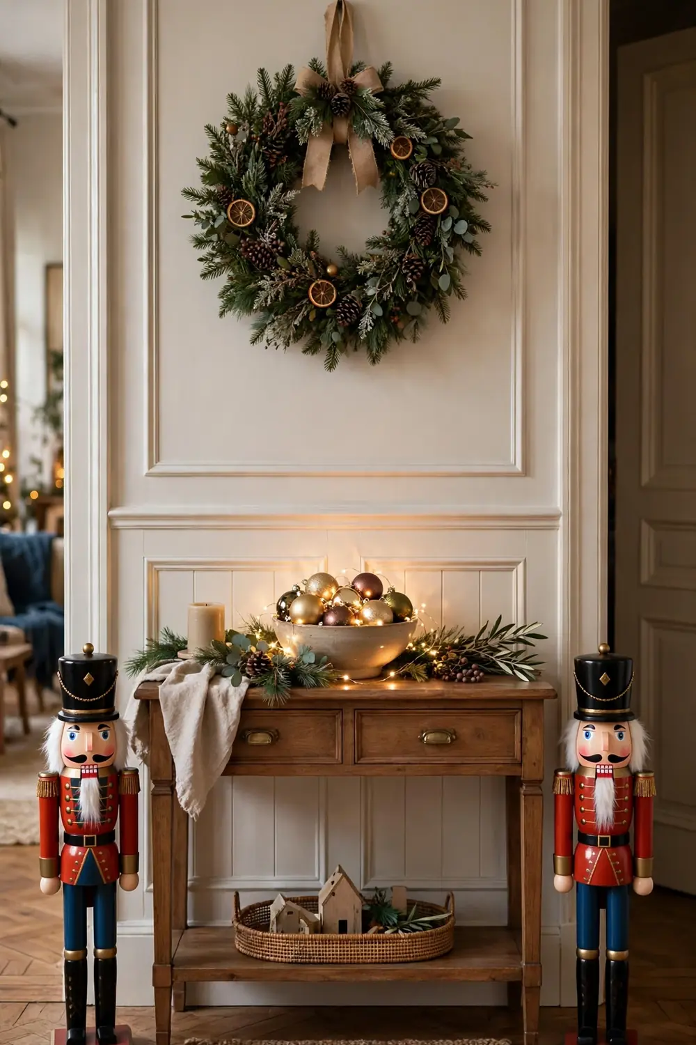 Nutcracker christmas decor ideas as a matching guard pair on an entryway console table
