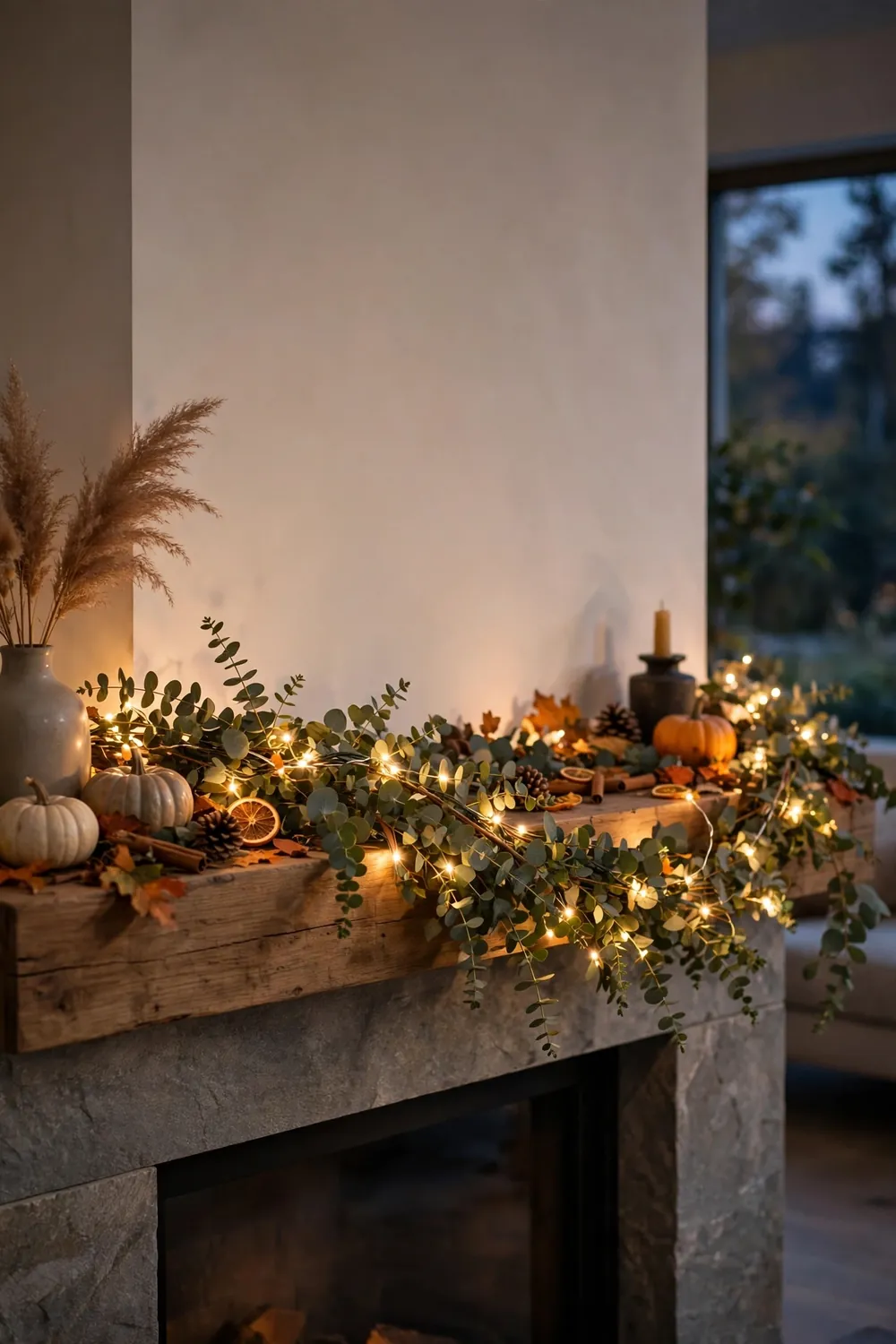 Fairy light eucalyptus mantel garland Thanksgiving mantel decor with fairy lights woven through a eucalyptus garland