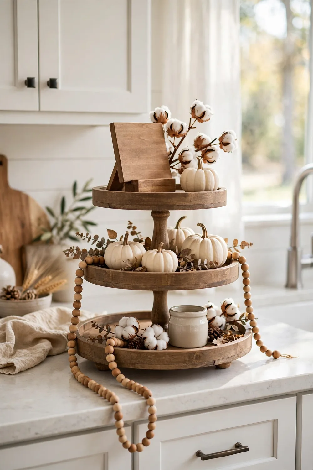 Fall tiered tray decor with a farmhouse sign and wooden riser display