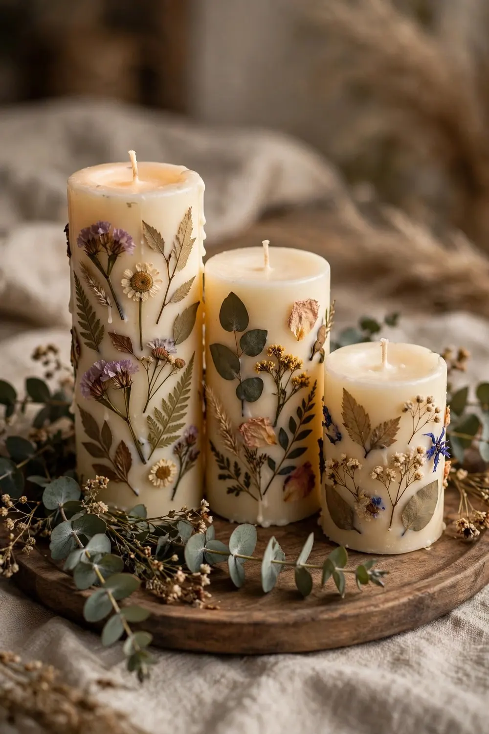 Pillar candles decorated with pressed dried flowers