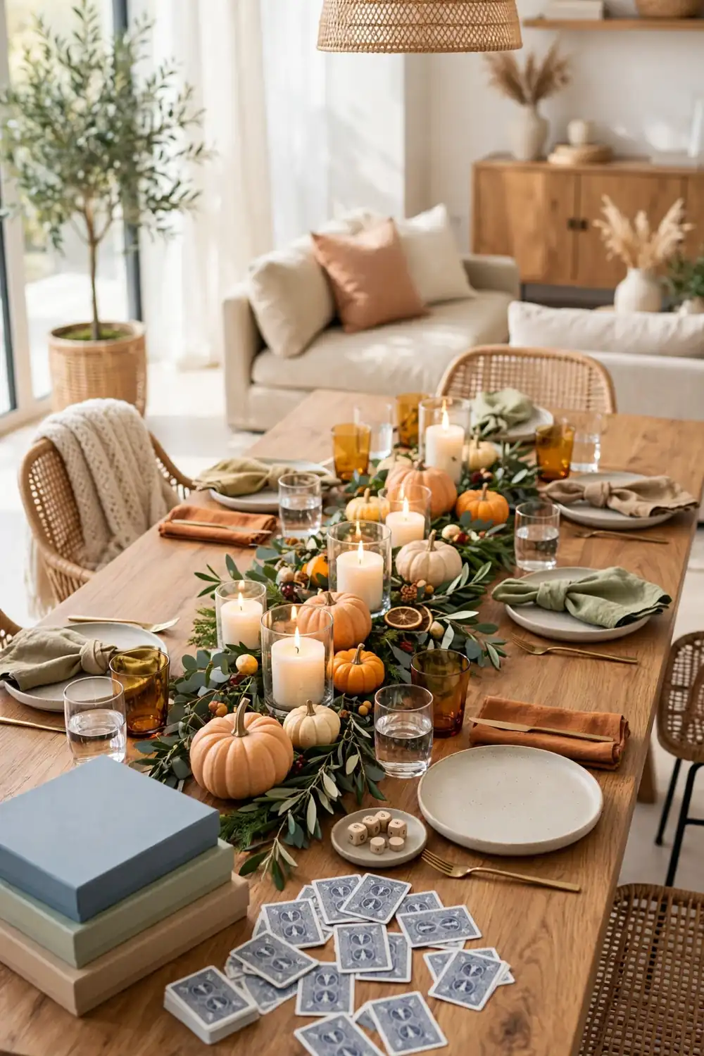 Friendsgiving table decor ideas styled for game night with cards and candles