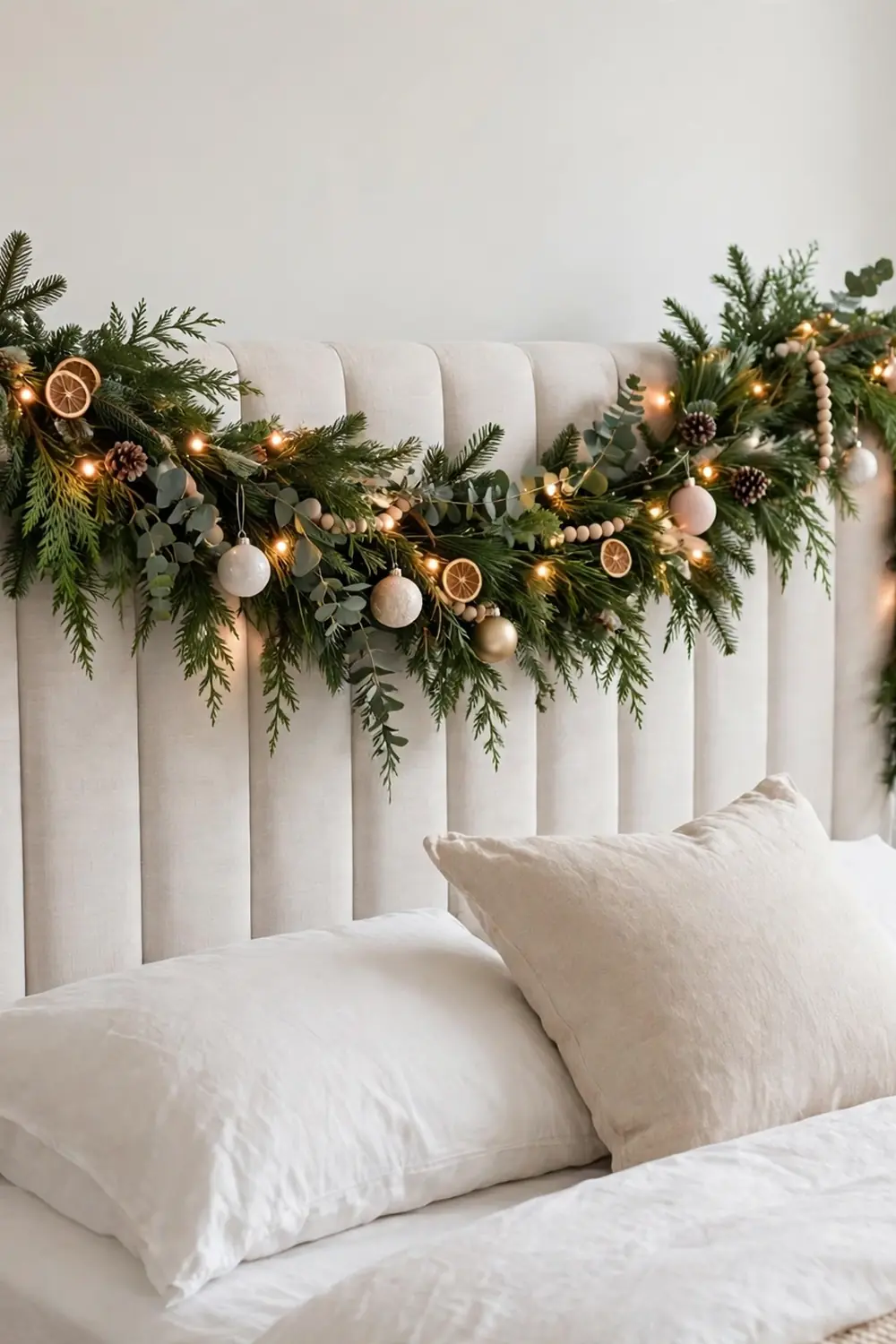 Soft evergreen garland draped across a bedroom headboard with warm fairy lights and small ornaments
