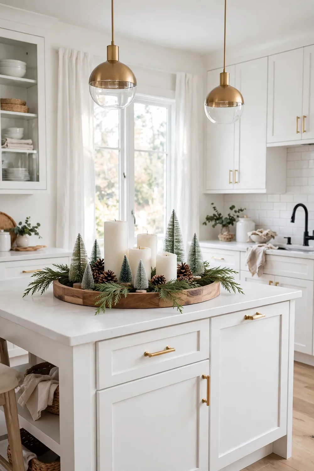 Island Centerpiece Tray with Candles and Pinecones Christmas kitchen decor ideas with an island centerpiece tray styled with candles, pinecones and bottle brush trees