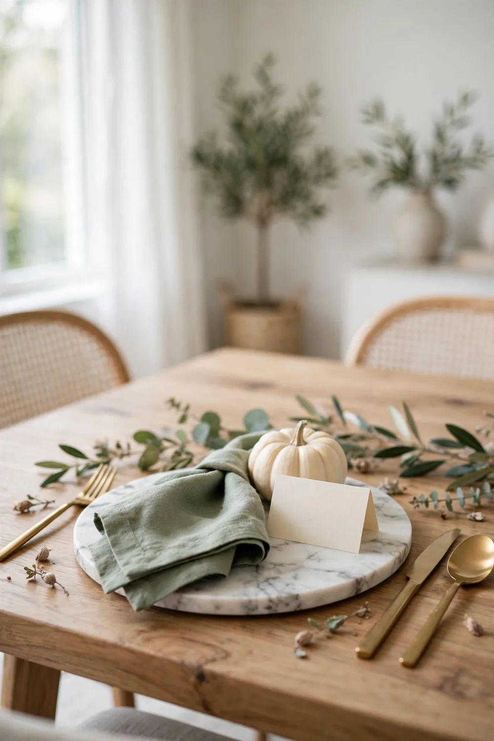 Elegant Halloween table decor place settings with mini white pumpkins and blank cream place cards