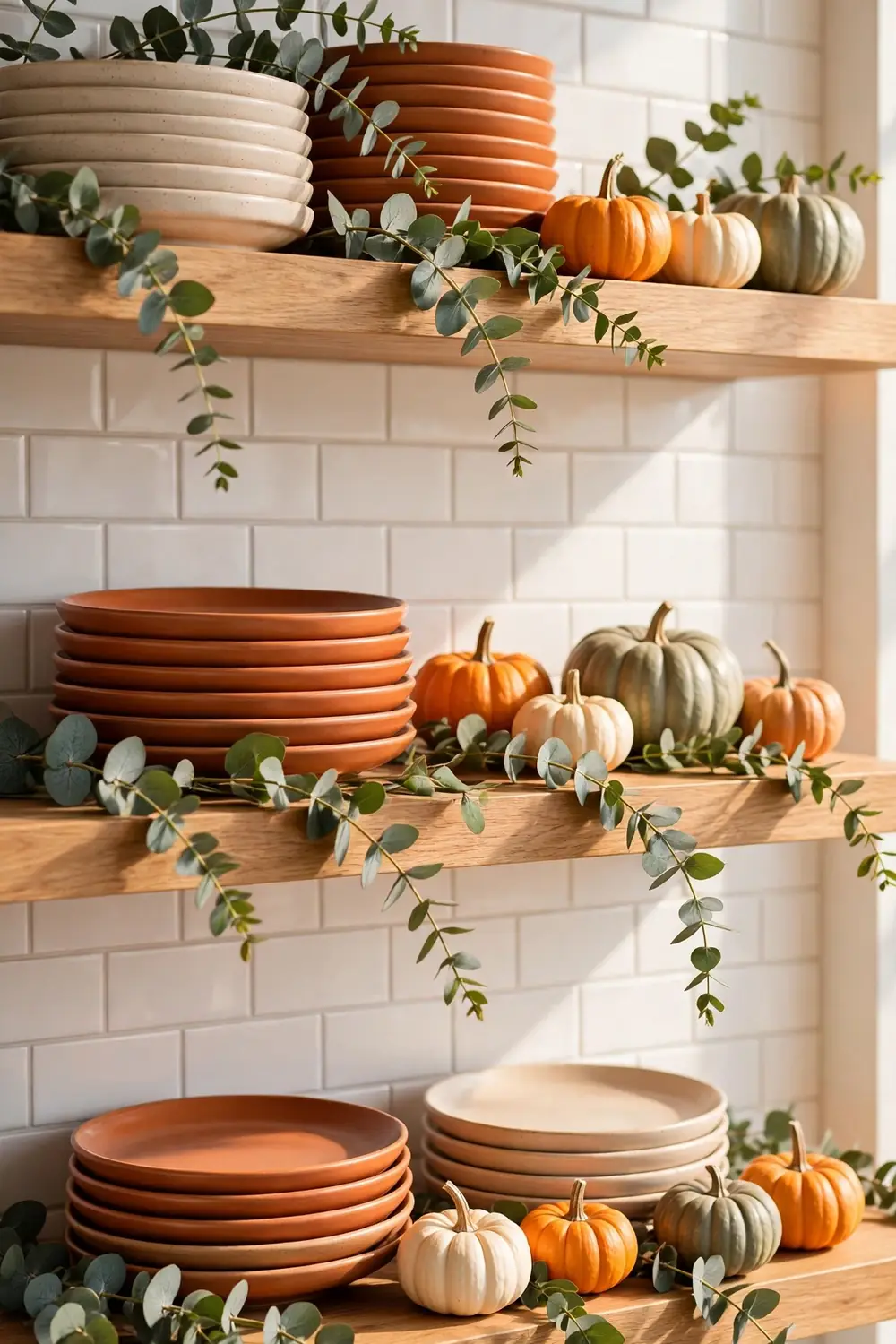 Open Shelving Fall Styling Open kitchen shelves styled with stacked fall plates, mini pumpkins and eucalyptus greenery