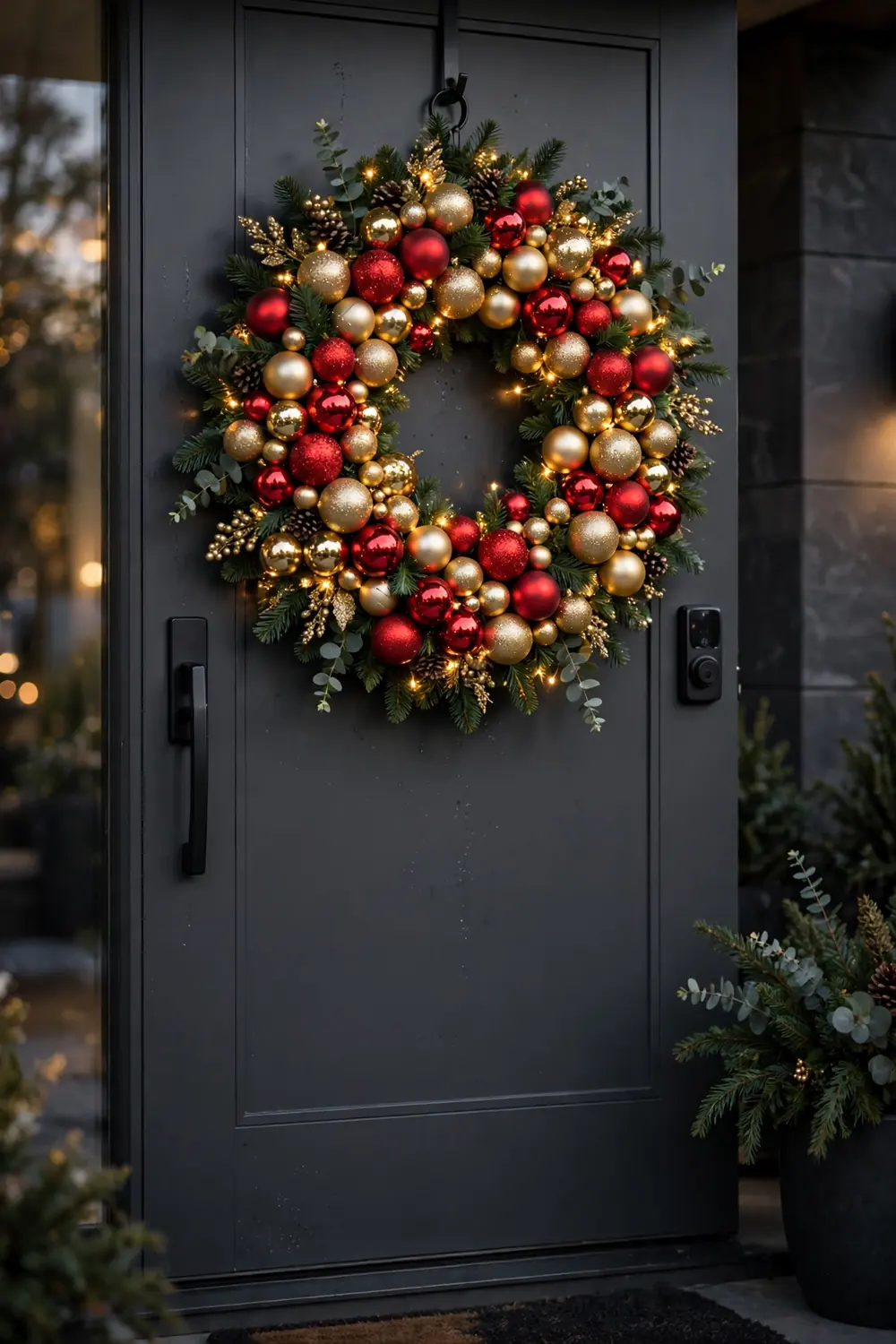 Festive ornament ball Christmas wreath ideas with shiny red and gold baubles