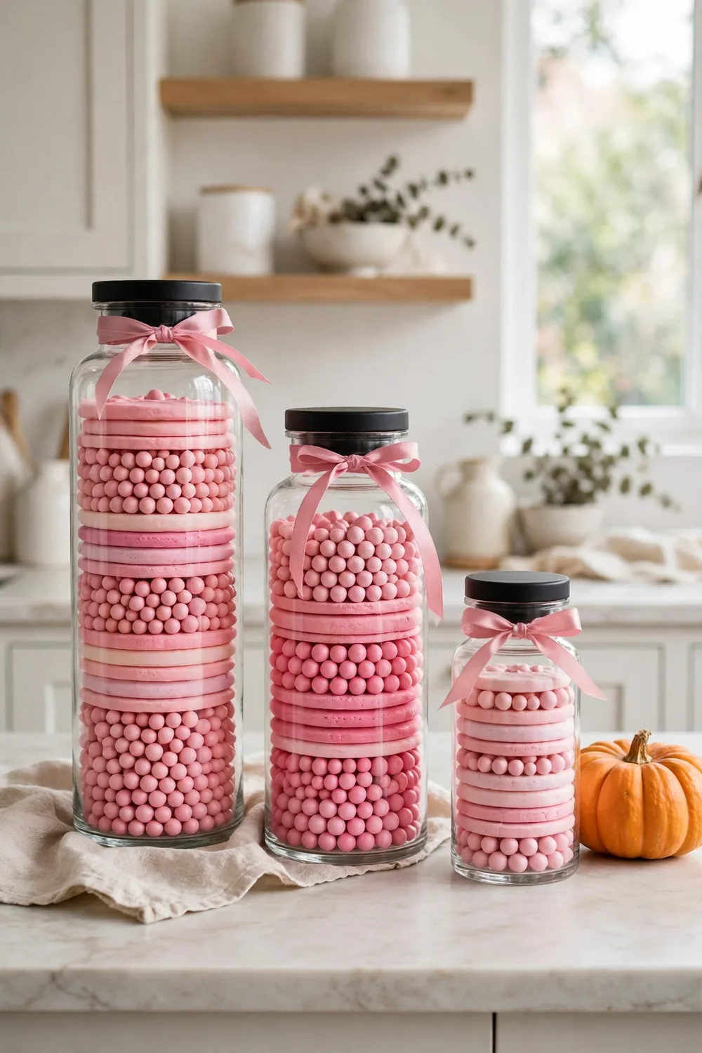Pink candy in glass apothecary jars on a kitchen counter, sweet pink halloween decor ideas