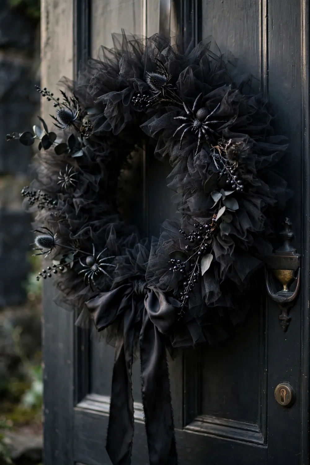 Spooky wreath made from black tulle and plastic spiders, a five minute last minute halloween decor idea