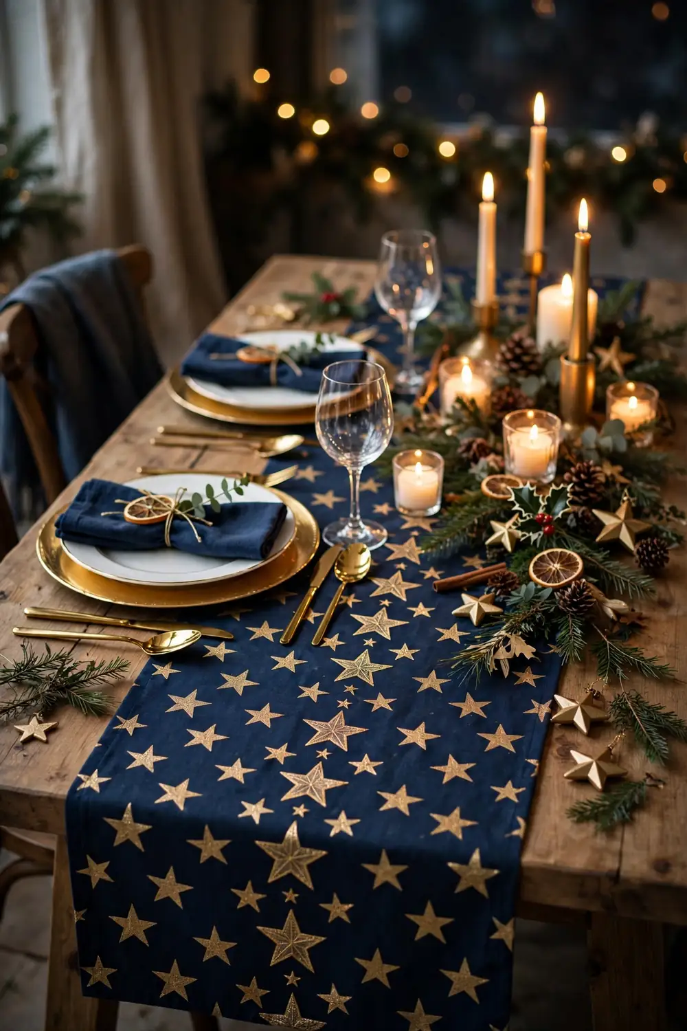 Dining table set for Christmas with a navy star print table runner and gold chargers