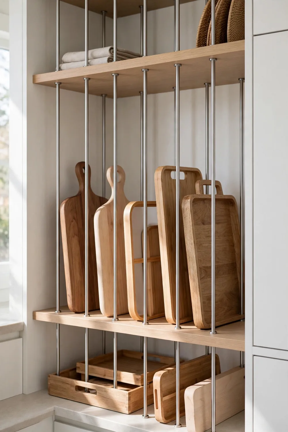 Pantry shelf with tension rods creating dividers for cutting boards and trays stored vertically