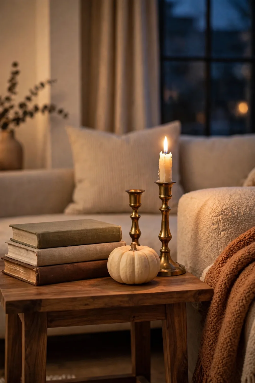 Side table vignette with candle and fall accents, thanksgiving living room decor ideas