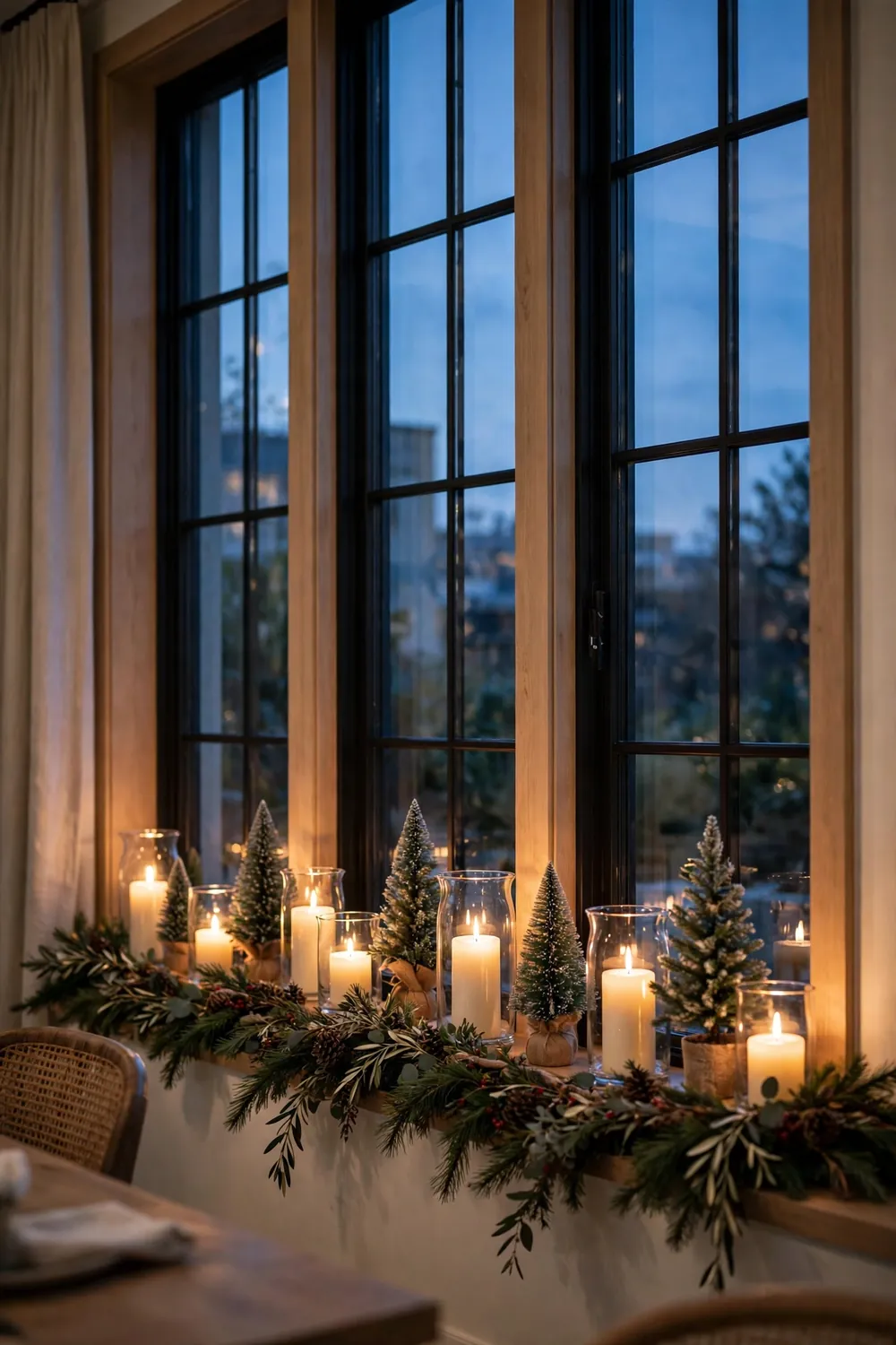 Christmas dining room decor, window candle glow Christmas dining room decor with windows lined with glowing candles in glass hurricanes at dusk